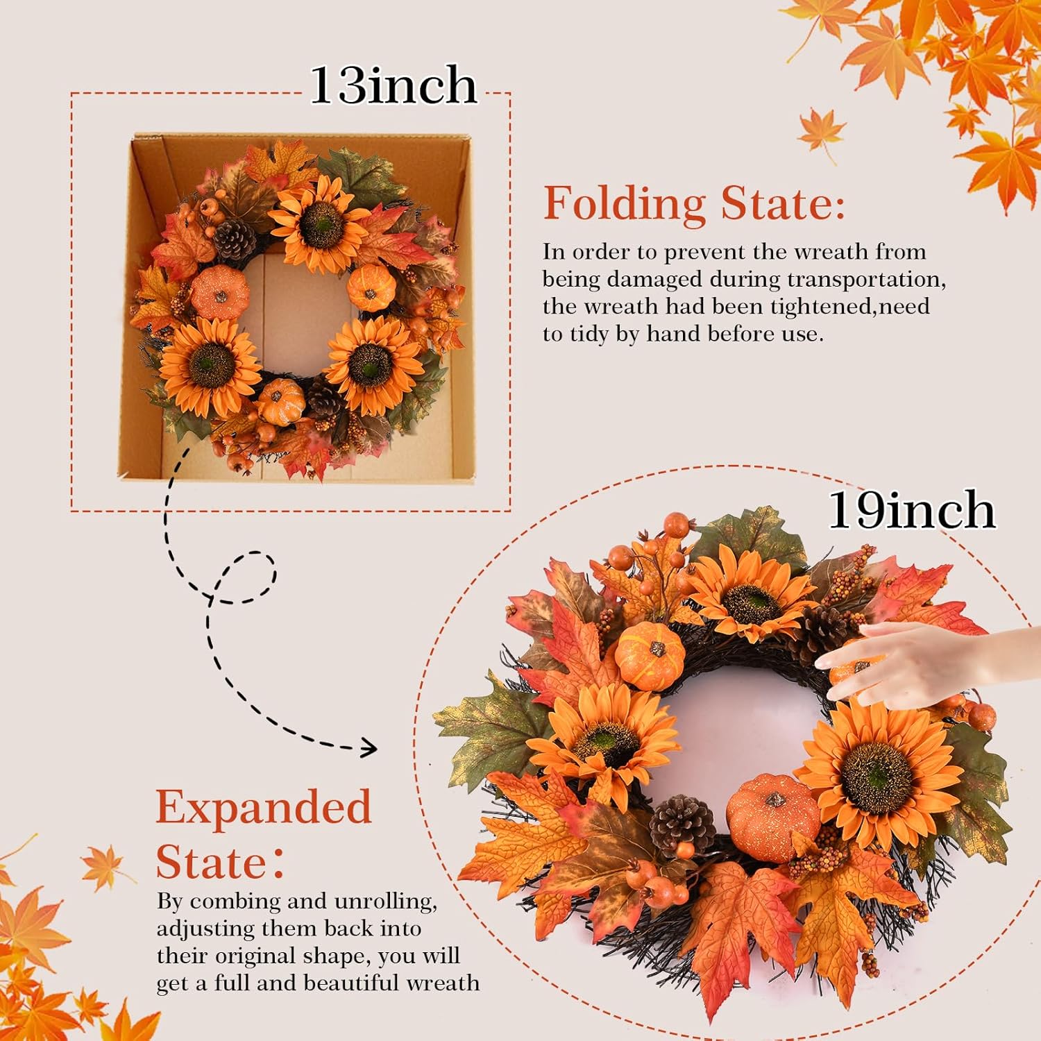 Fall Wreath Front Door 19 Inch Autumn Decor