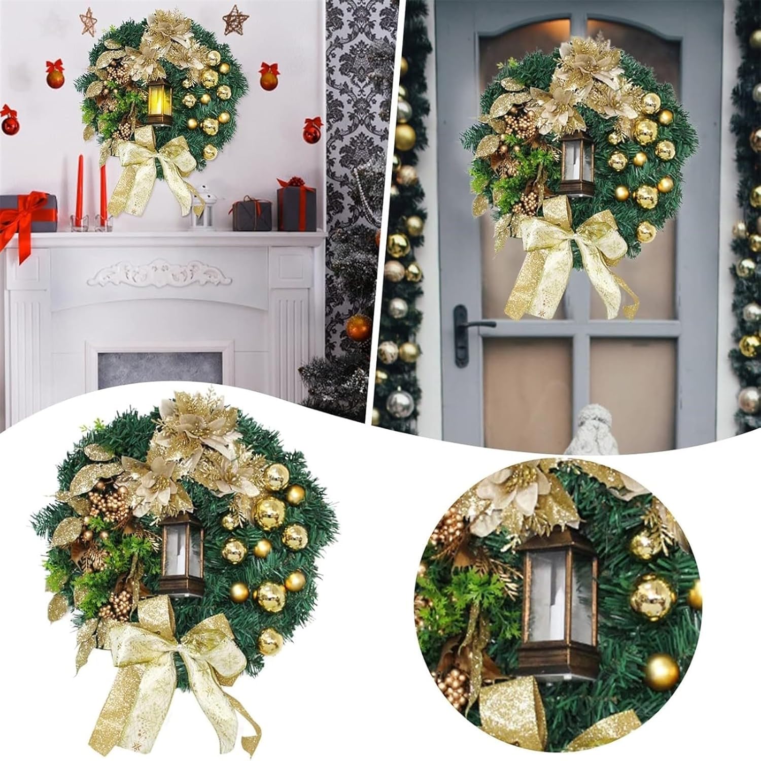 Christmas Wreath with LED Light Yellow Bow Decor
