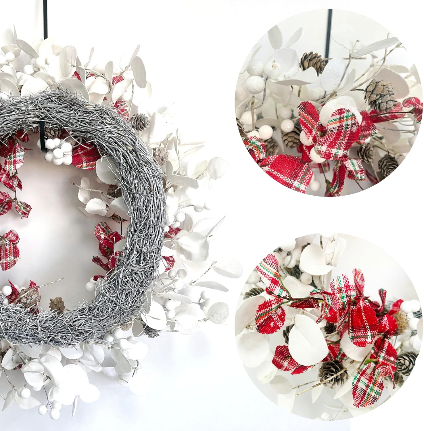 20 Inch White Eucalyptus Wreath with Red Plaid Leaves for Christmas and Winter Decor