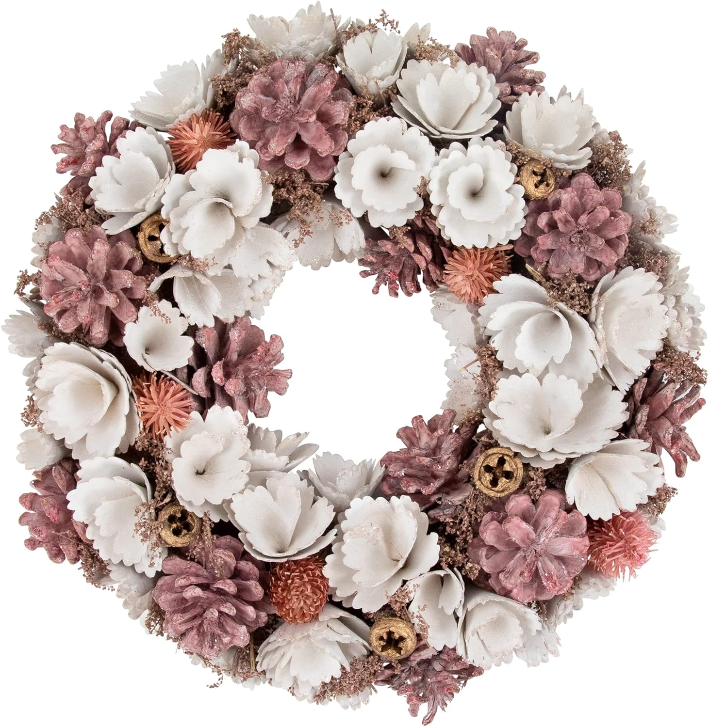 Northlight 13 Inch White Pink Wooden Floral Christmas Wreath with Pinecones