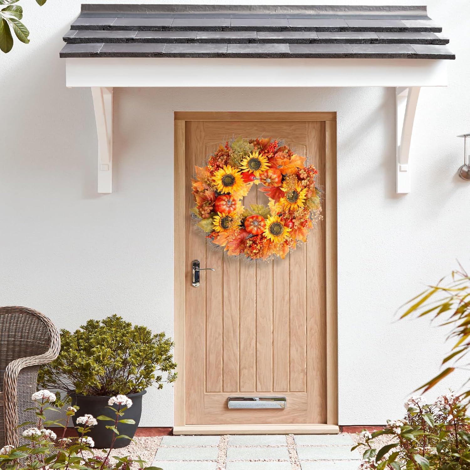 Fall Wreath with Pumpkins and Sunflowers 22 Inch Decor for Front Door