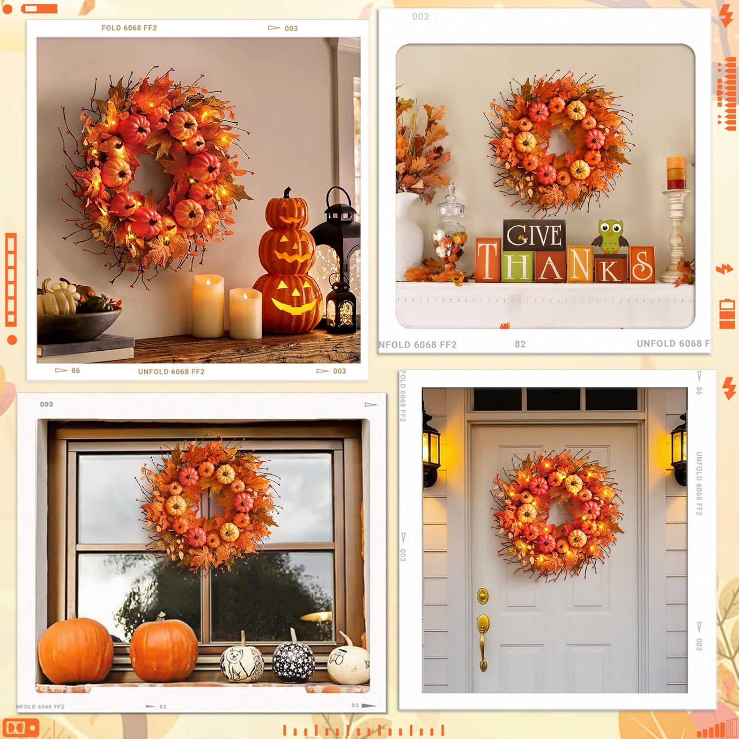 Fall Wreath for Front Door with Pumpkins Leaves 20 Inch Autumn Decor