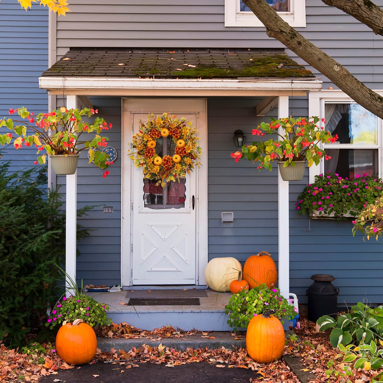 24 Inch Fall Door Wreath with Pumpkins and Hydrangeas