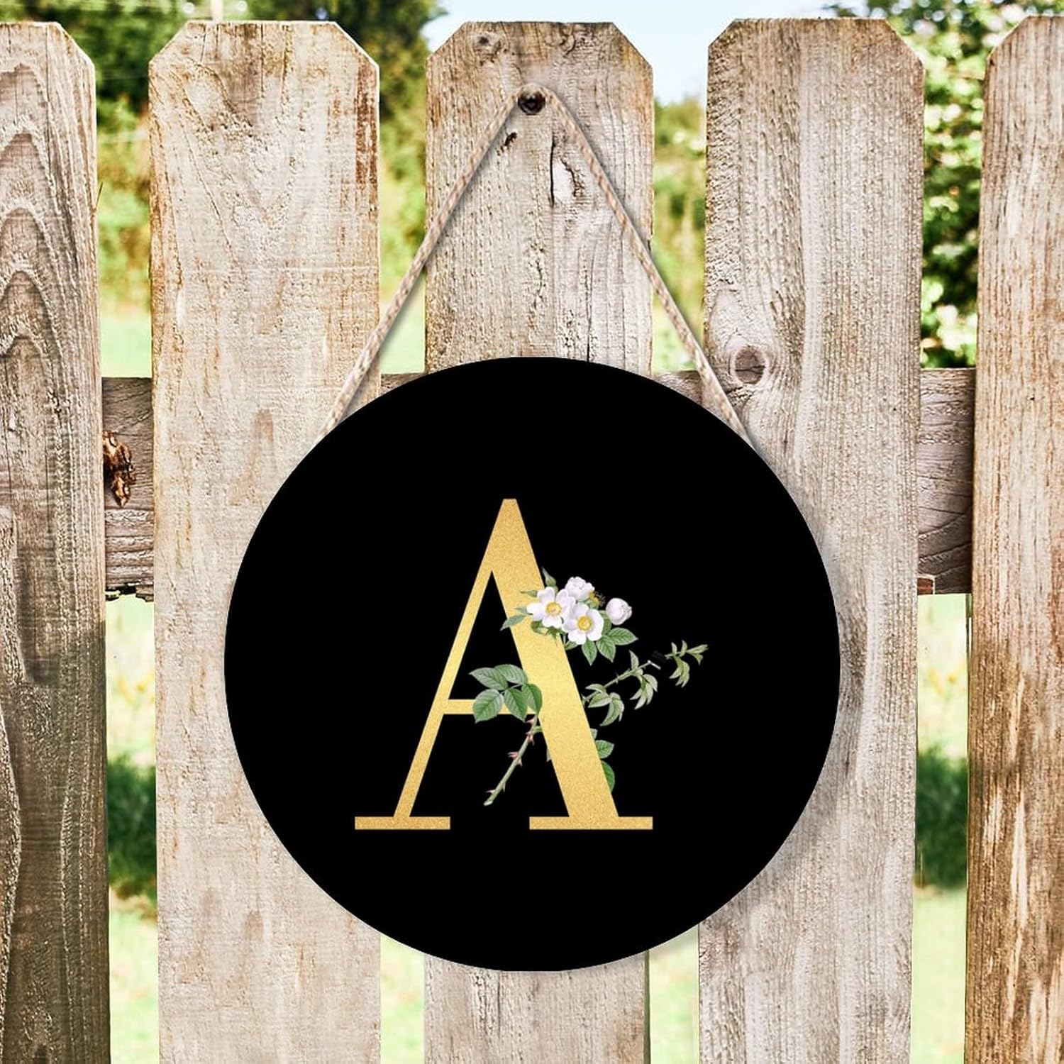 Farmhouse Door Hanger with Floral Greenery and Golden Initial A Wood Sign