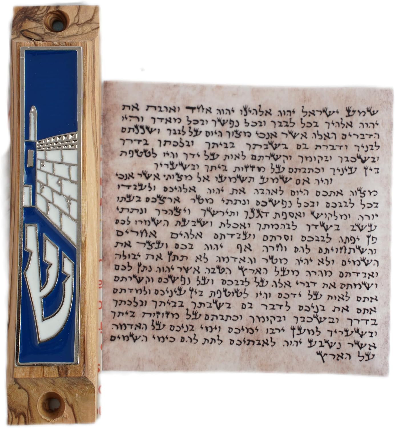 Olive Wood Blue Enamel Door Mezuzah Case with Scroll and Nails