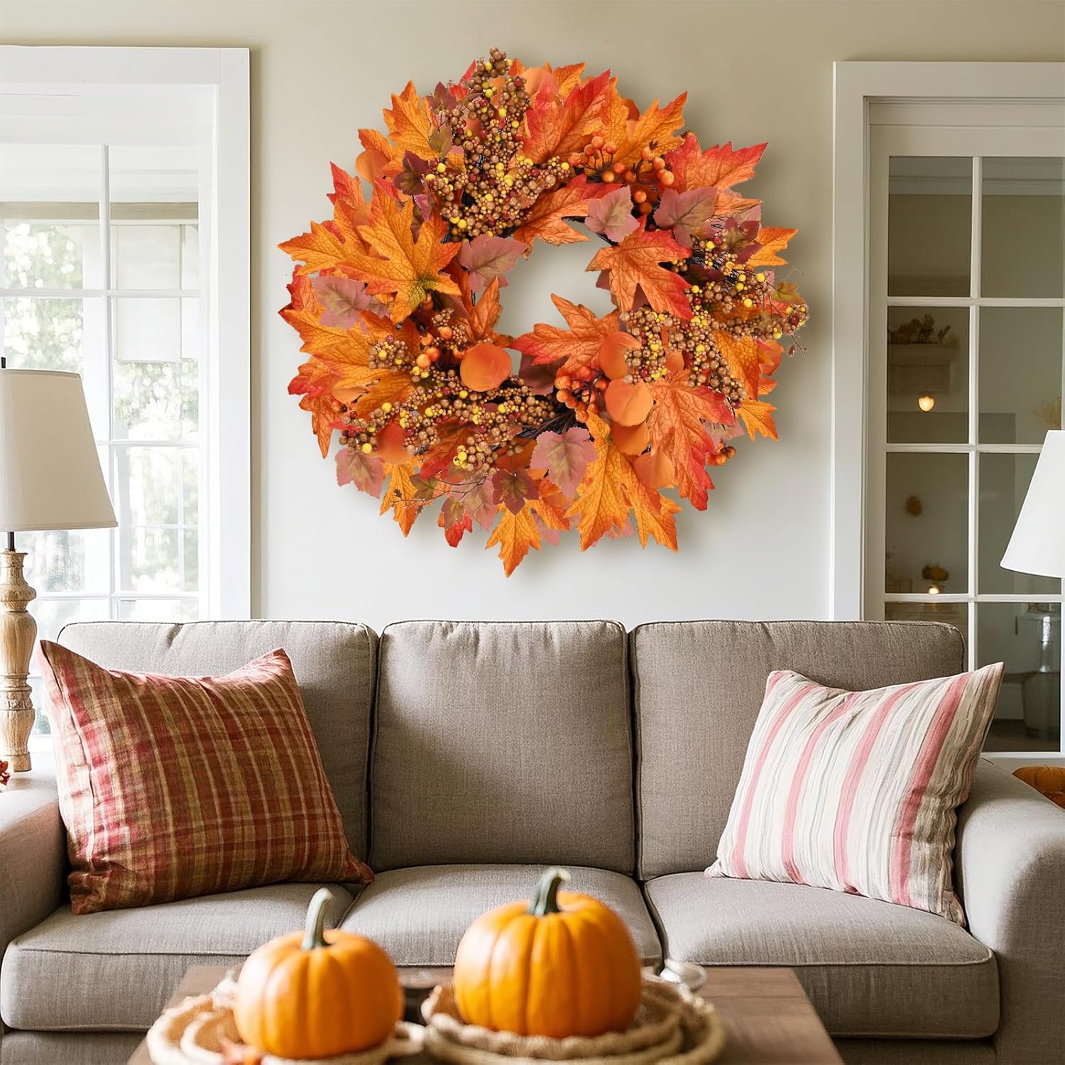 Artificial Fall Wreath for Front Door 19 Inch
