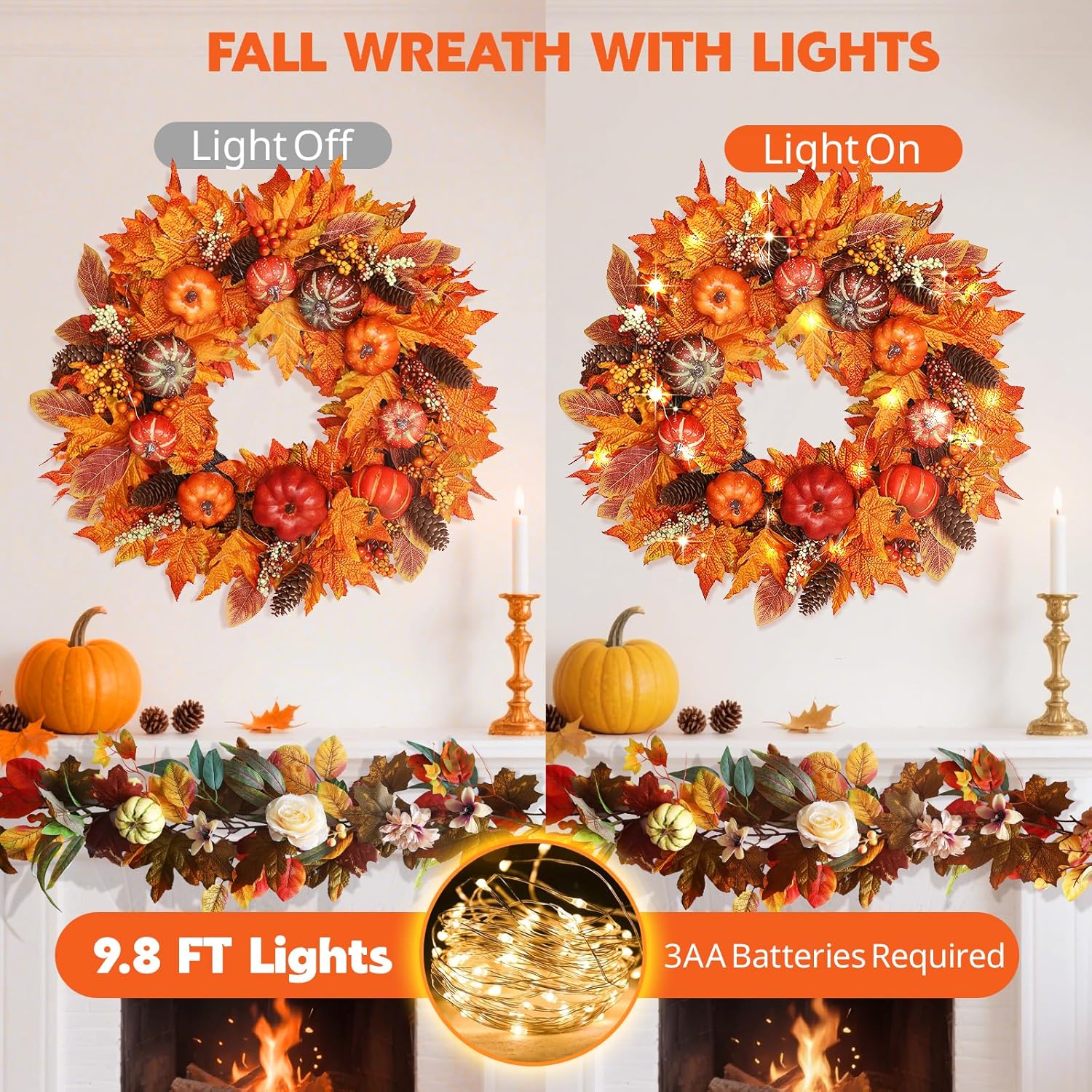 20 Inch Fall Wreath for Front Door Autumn Decor