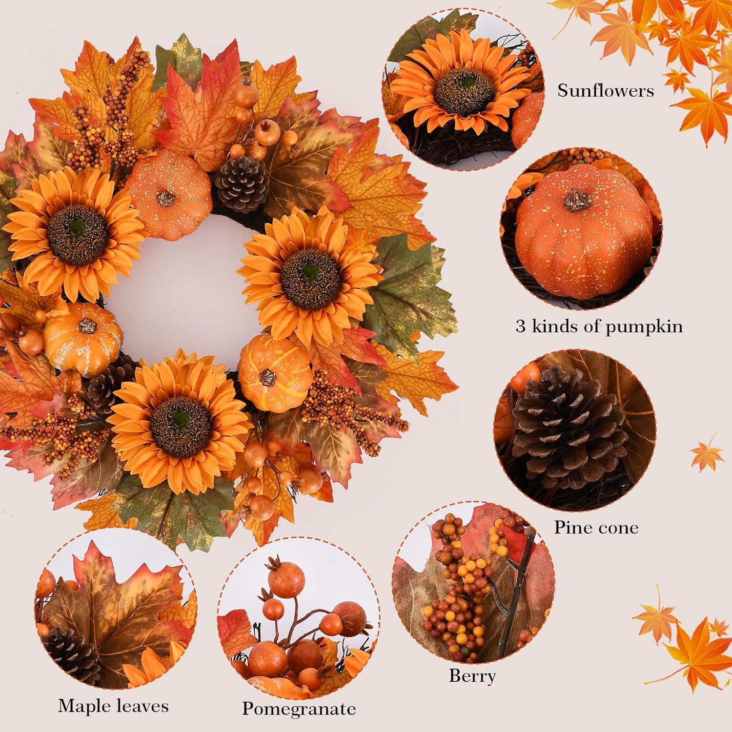 Fall Wreath Front Door 19 Inch Autumn Decor