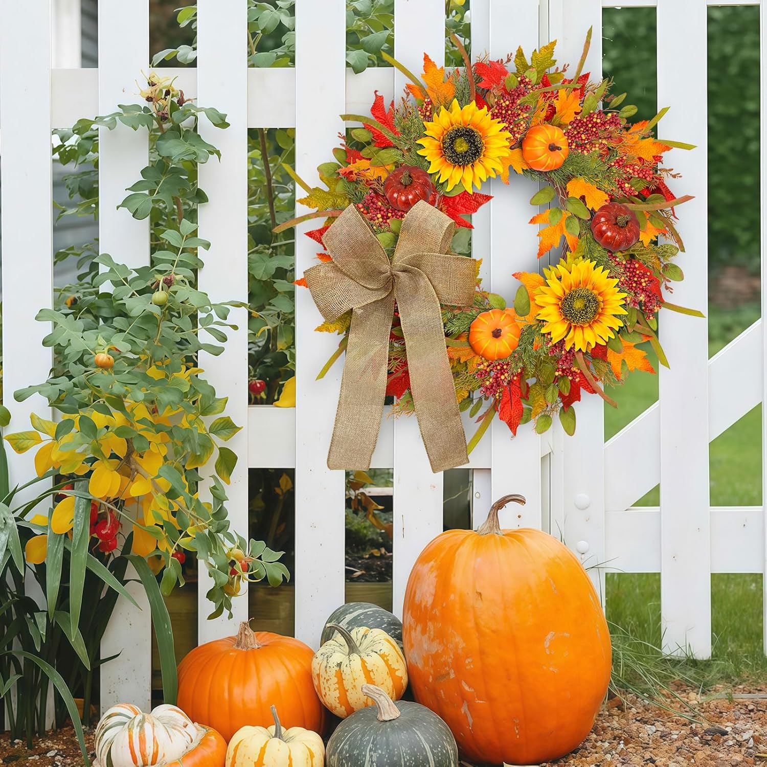 24-26 Inch Fall Wreath with Sunflowers Pumpkins Bows and Berries
