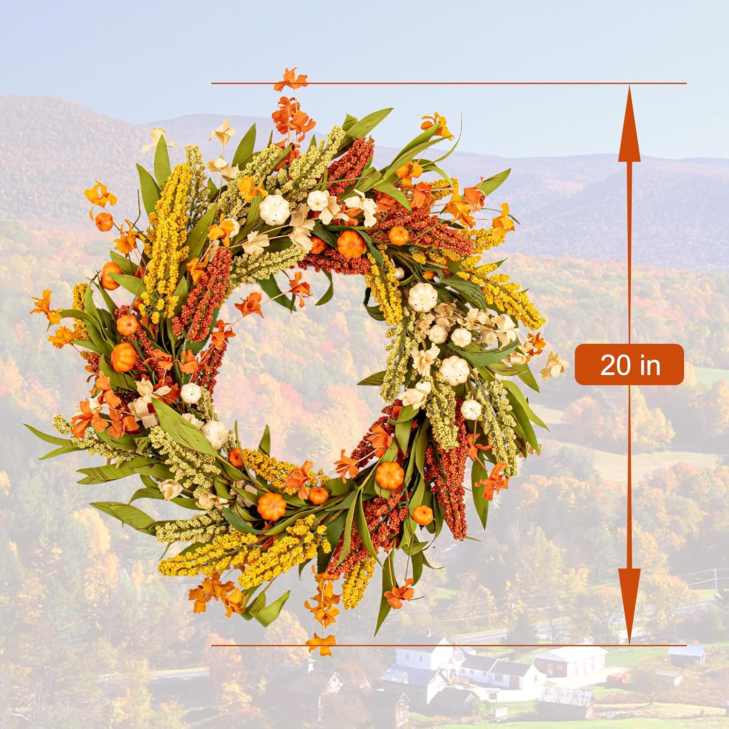 20 Inch Fall Wreath with Pumpkins Grain Ears Foliage