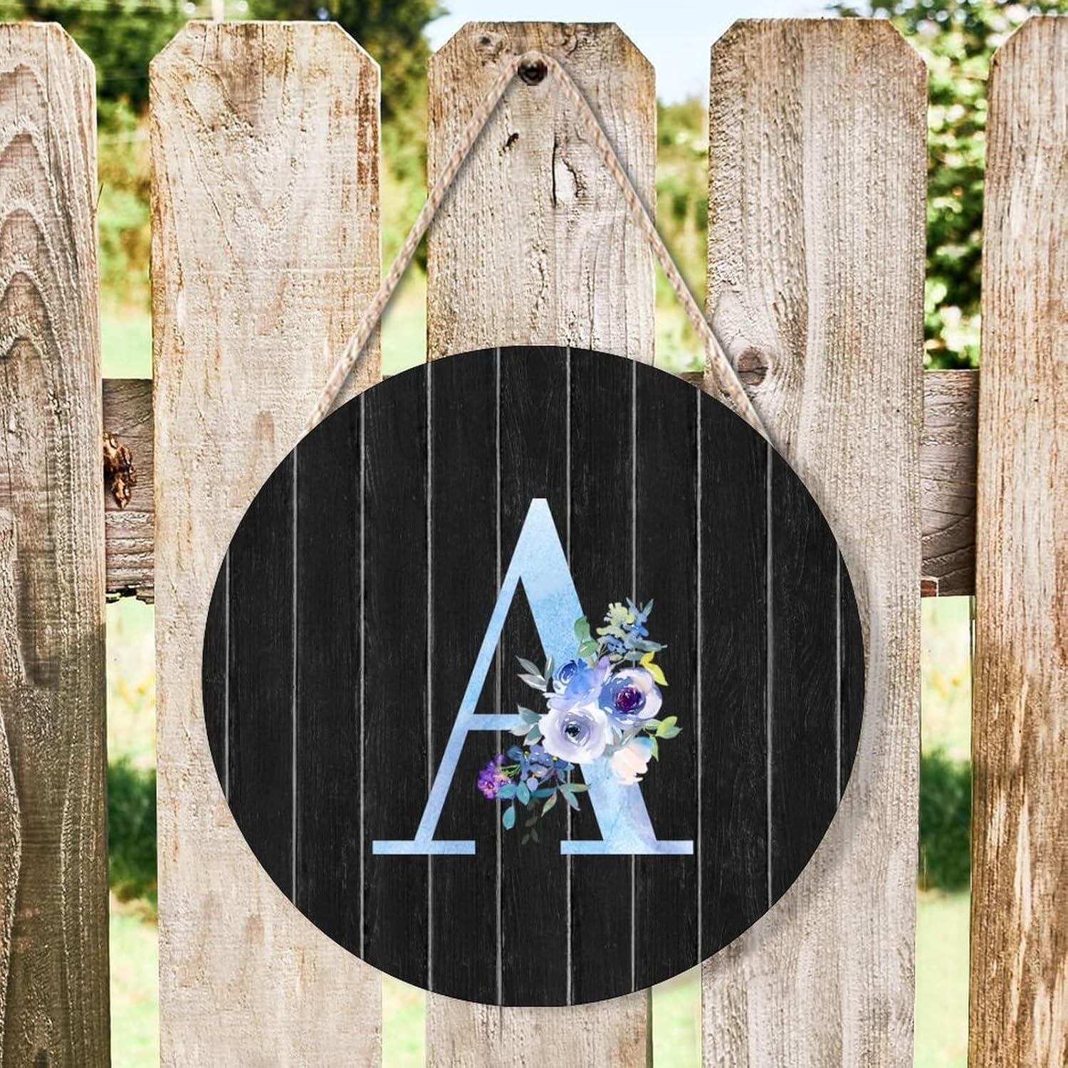 Farmhouse Front Door Hanger Watercolor Blue Floral Letter A Wood Sign