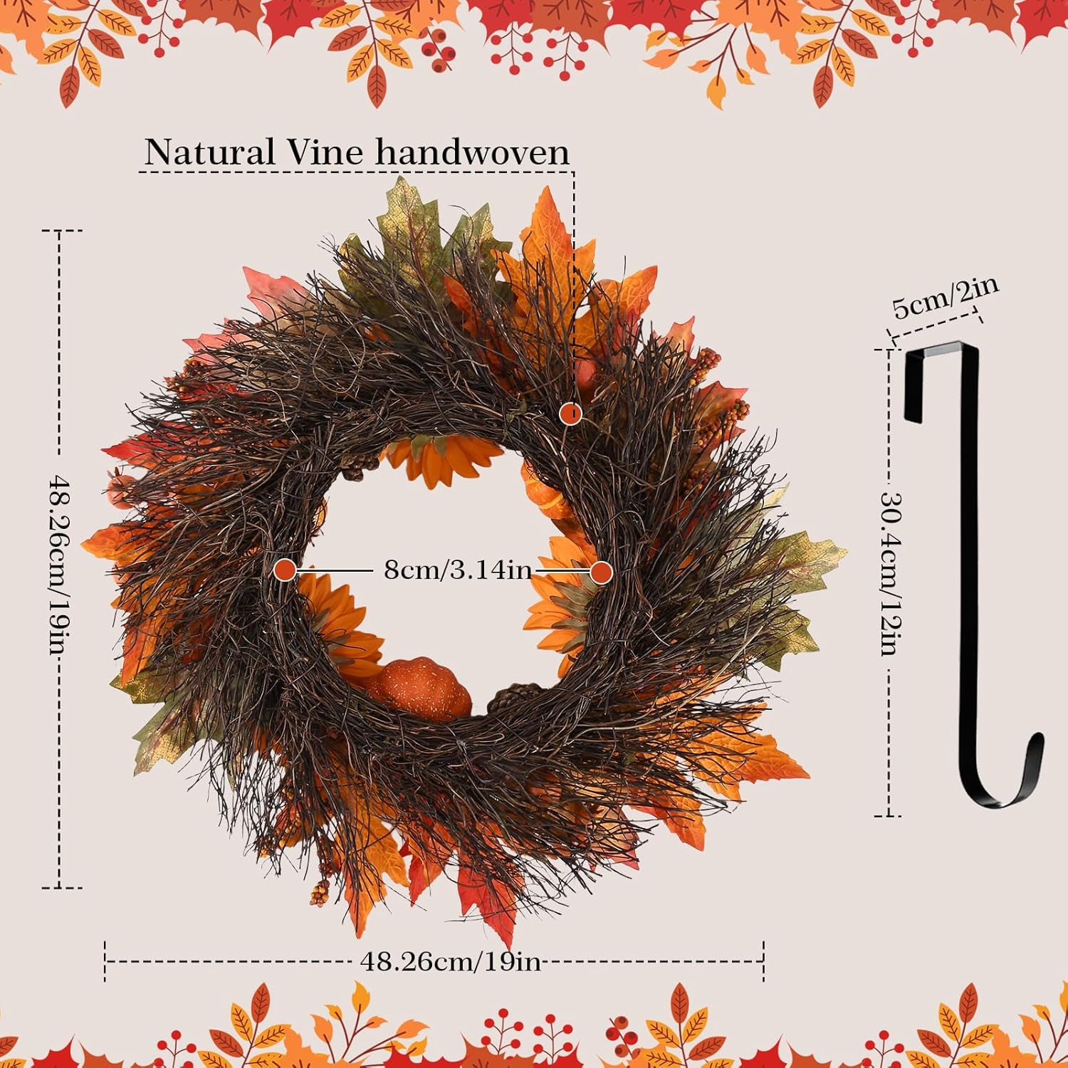 Fall Wreath Front Door 19 Inch Autumn Decor