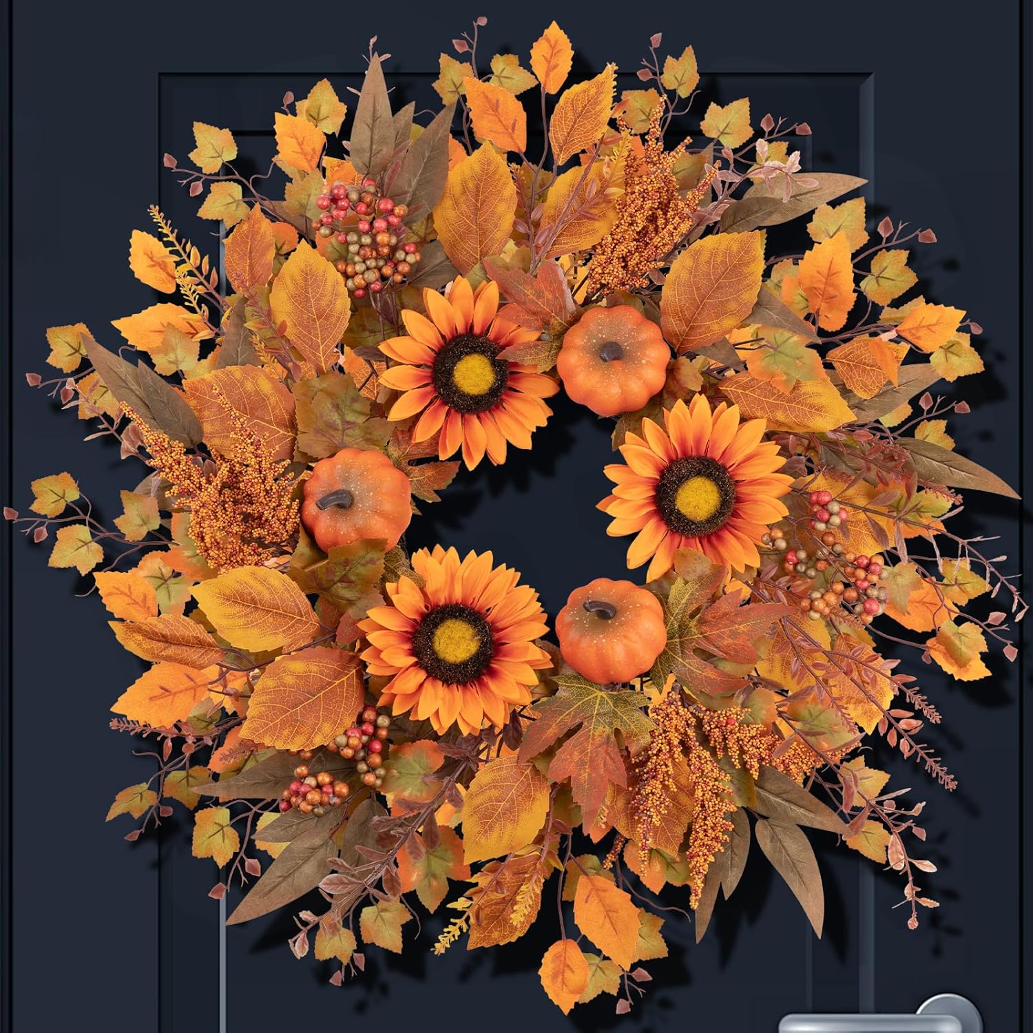24 Inch Fall Wreath with Sunflowers and Pumpkins