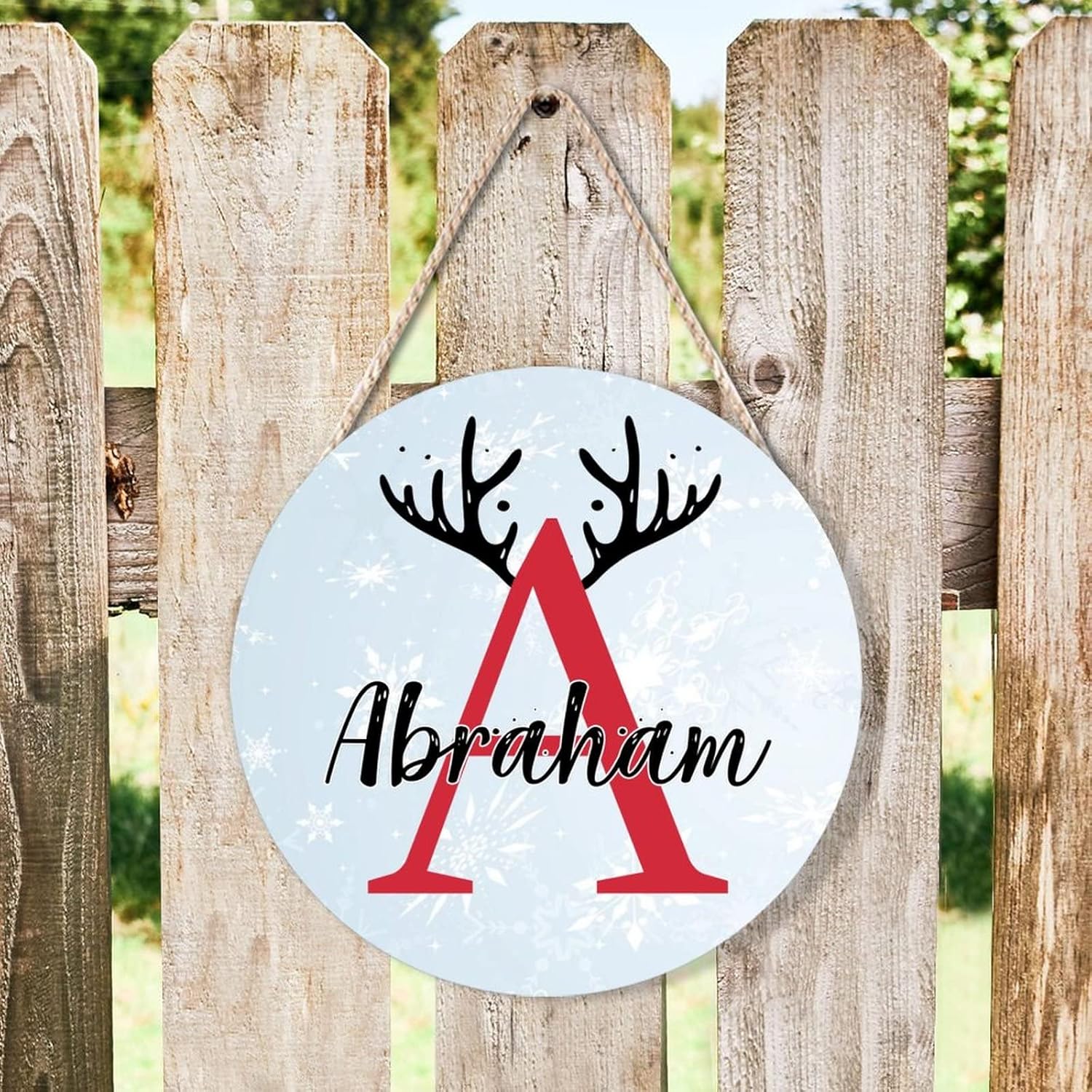 Personalized Farmhouse Door Hanger with Christmas Antlers Alphabet A Wood Sign for Kids Girls Women 10x10in