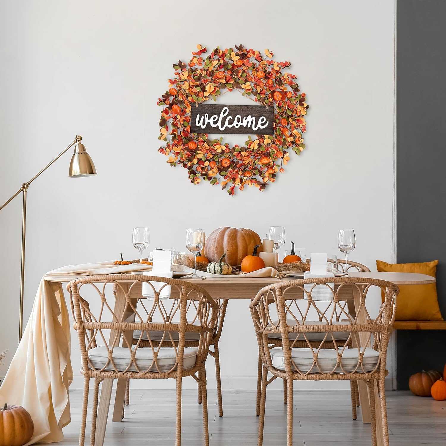 Sggvecsy 20 Inch Fall Wreath with Pumpkin and Leaves Orange