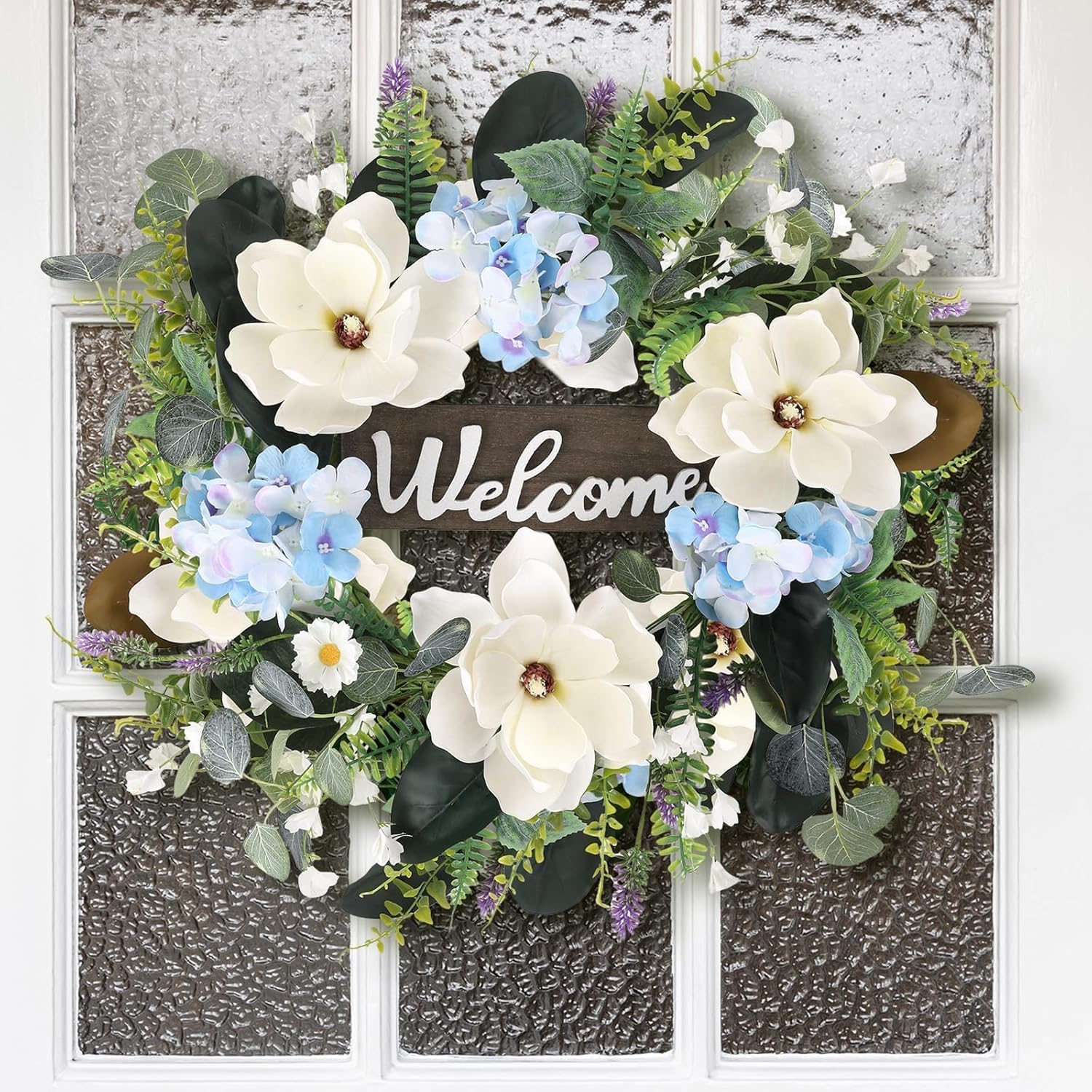 24 Inch Artificial White Magnolia Wreath for Front Door