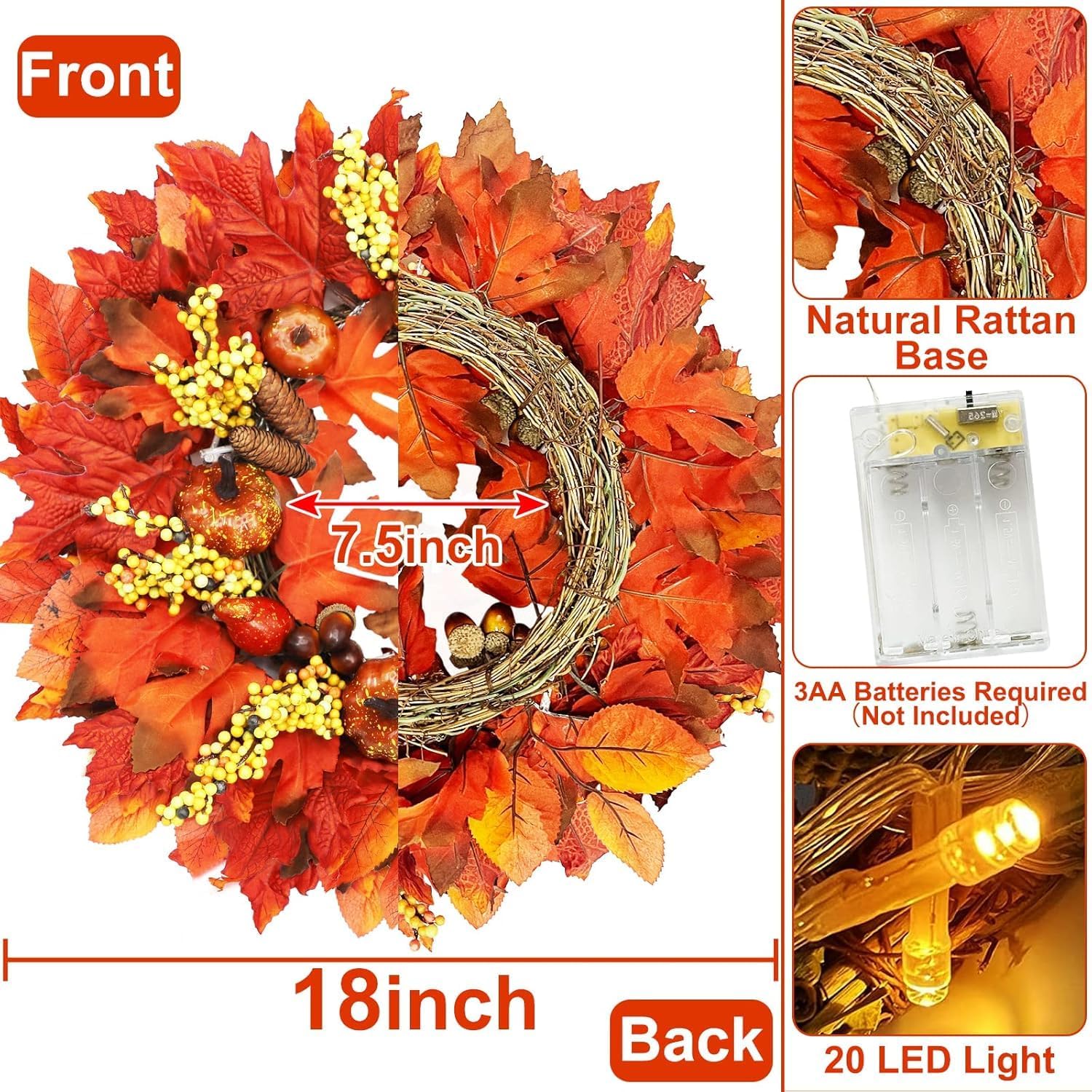 18 Inch Thick Fall Wreath with 20 LED Lights