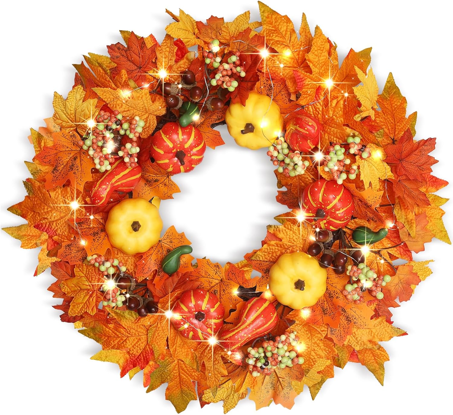 20 Inch Autumn Front Door Wreath with Lights