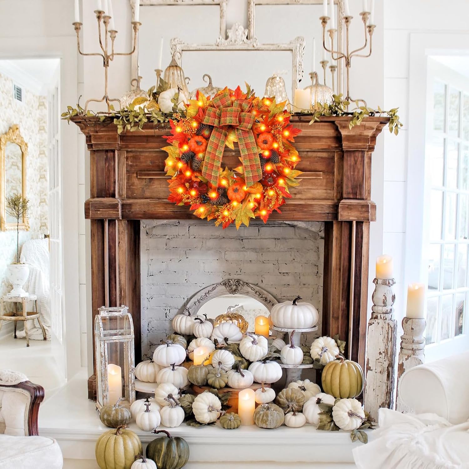 Heflashor 24 Inch Fall Door Wreath with Lights