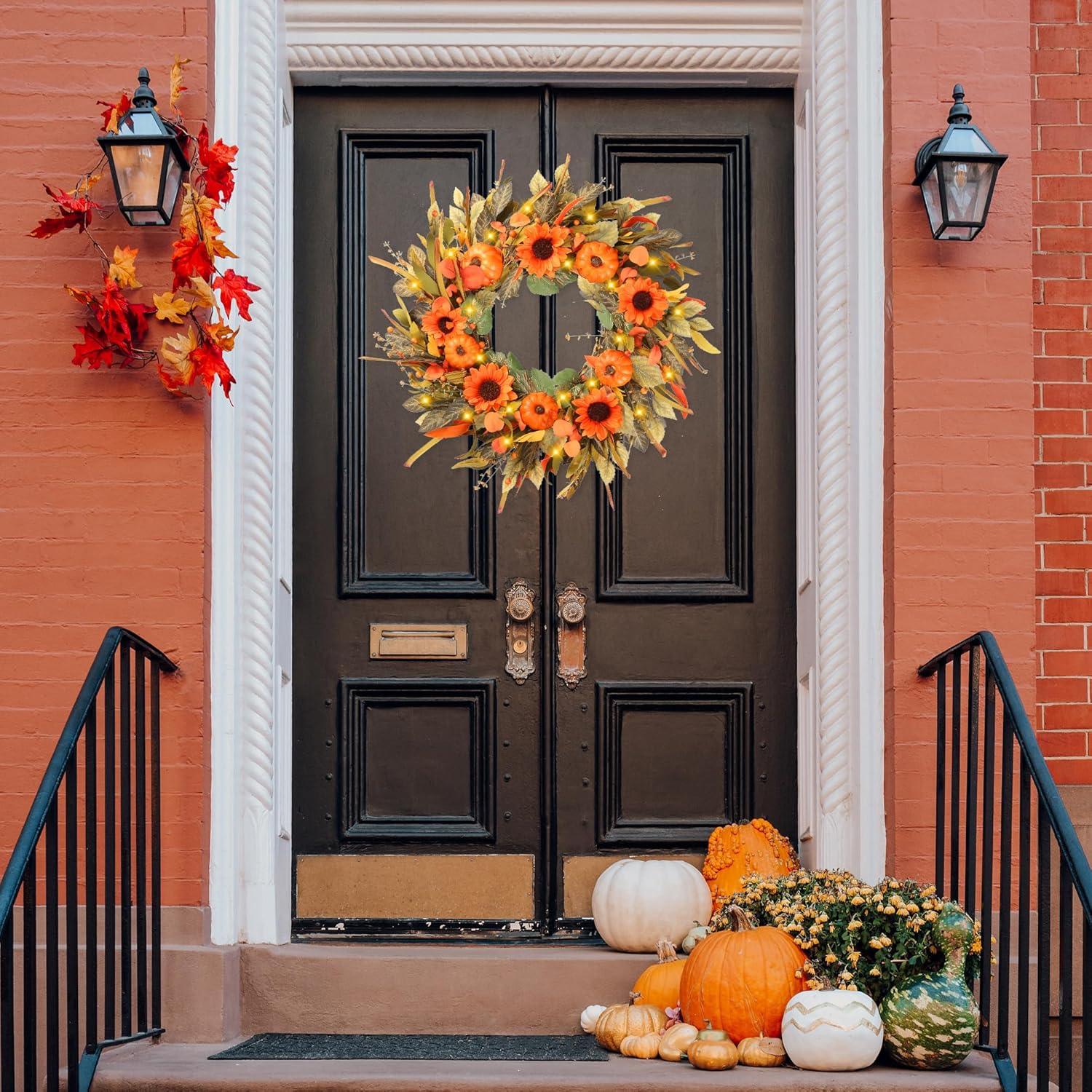 Sggvecsy 24 Inch Fall Wreath with Pumpkins and Sunflowers