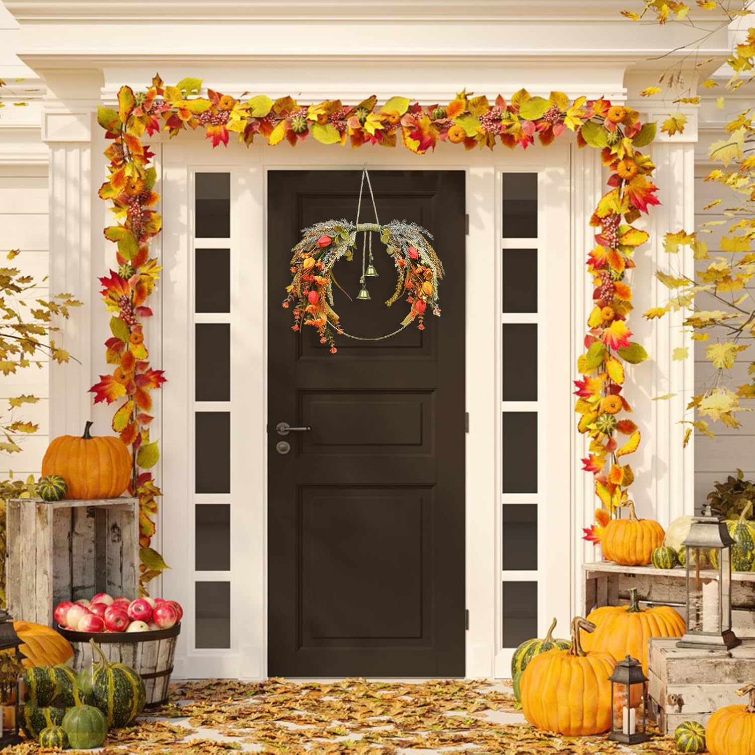 Fall Leaves Wreath for Front Door Autumn Decor with Colorful Mixed Leaves and Eucalyptus Branches