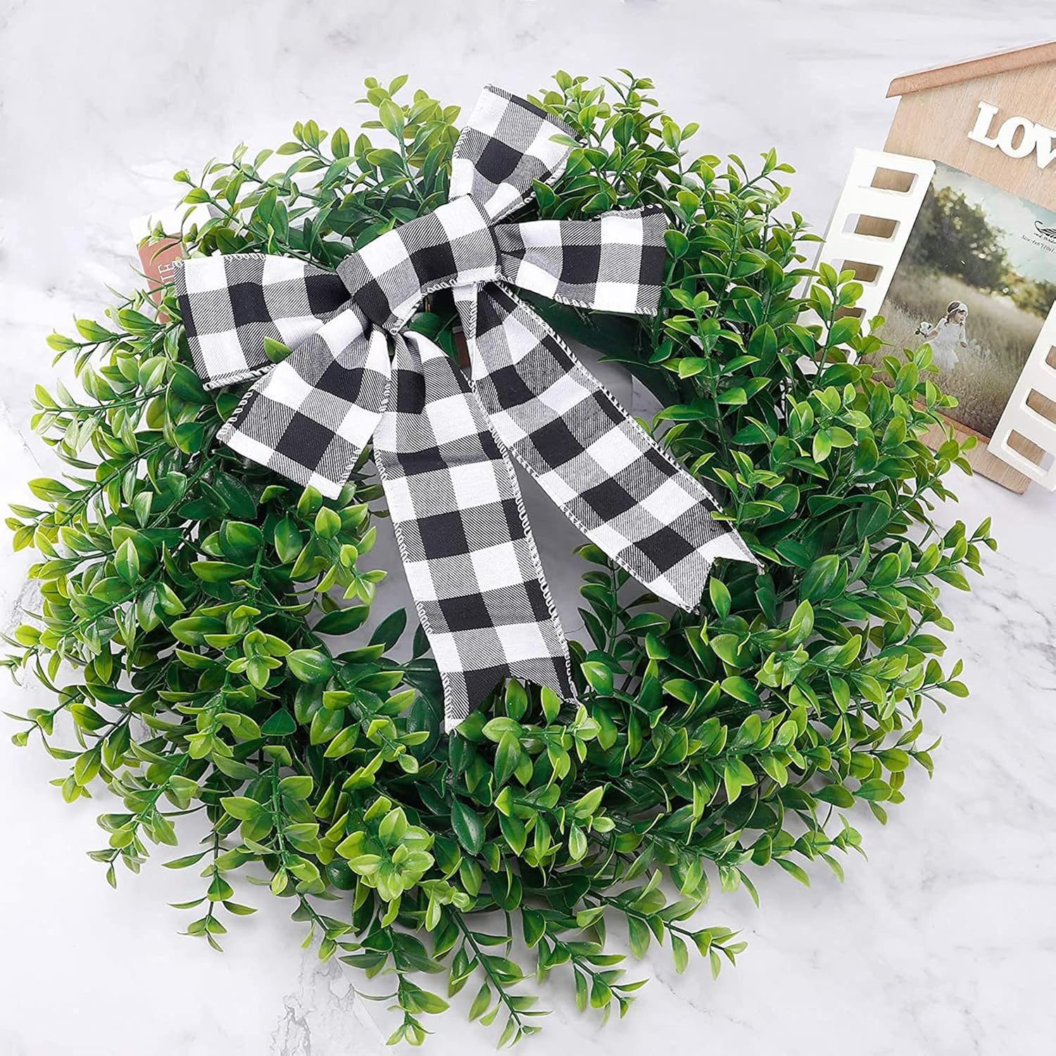 Belupai 157in Black White Plaid Bow Garland Wreath