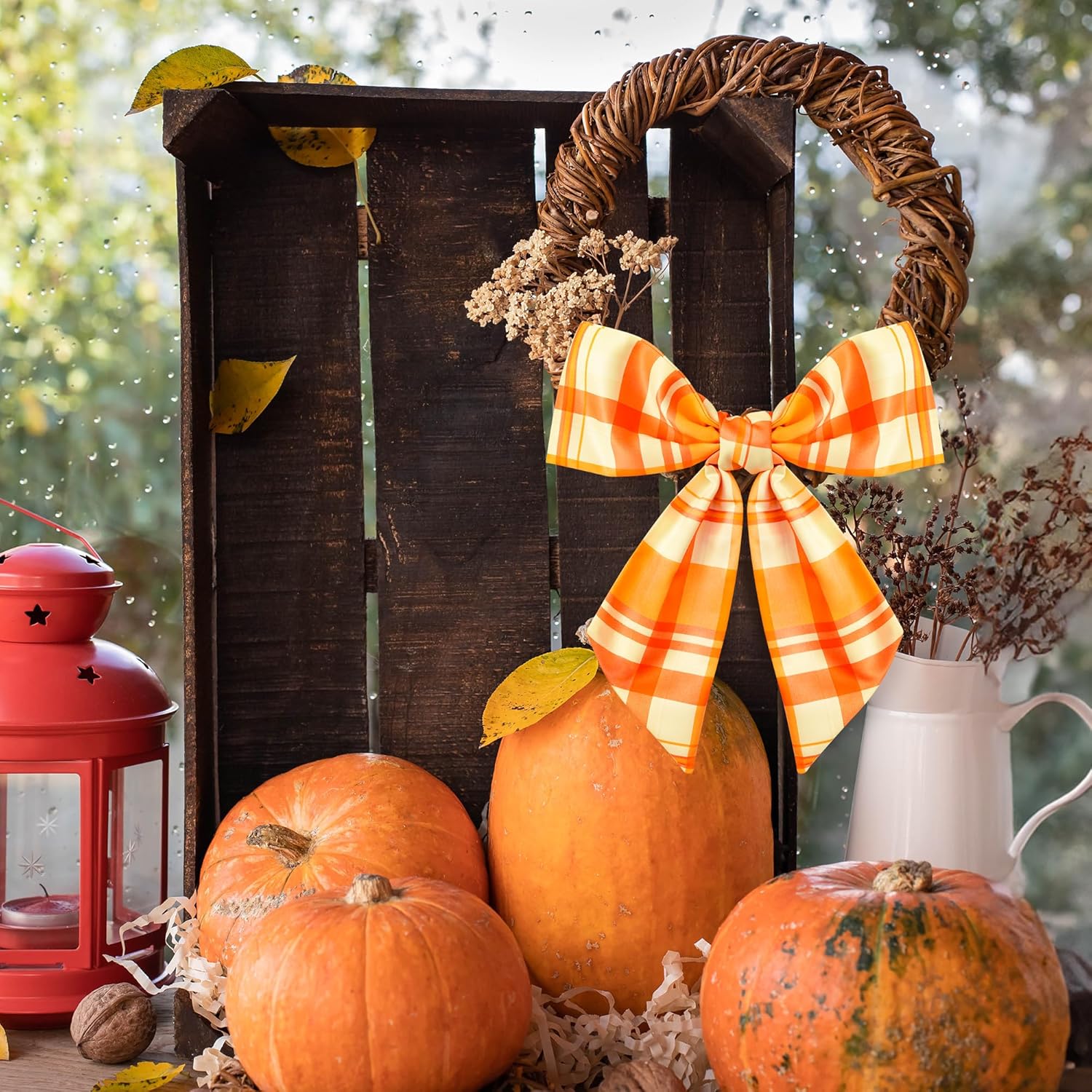 WATINC Autumn Orange Wreath Sash - 2pcs Fall Buffalo Check DIY Front Door Accessory