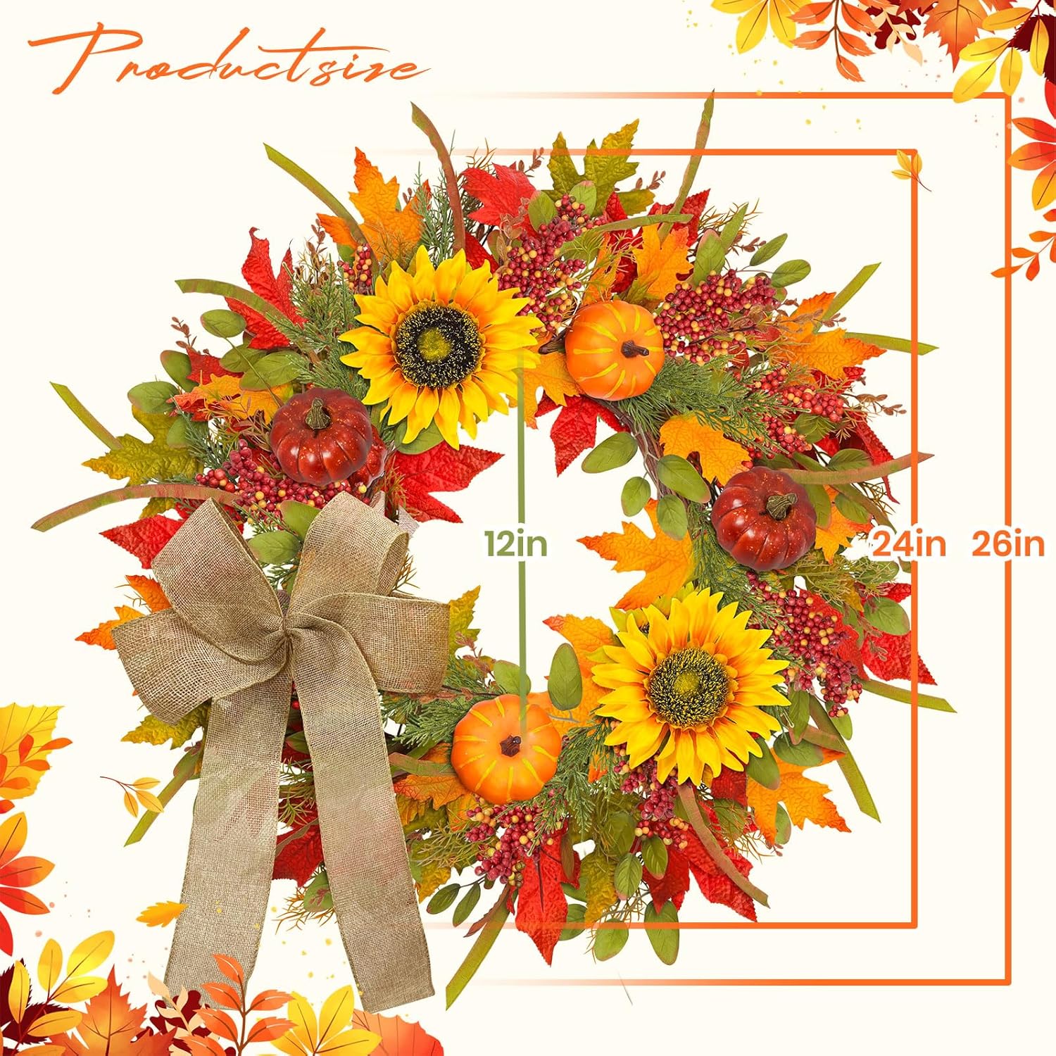 24-26 Inch Fall Wreath with Sunflowers Pumpkins Bows and Berries