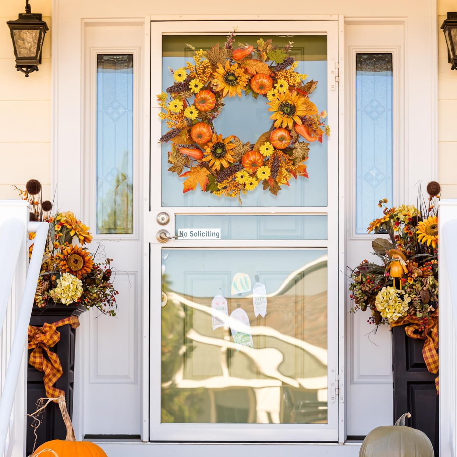 24 Inch Fall Wreath for Front Door Pumpkin Autumn Decor with Silk Leaves