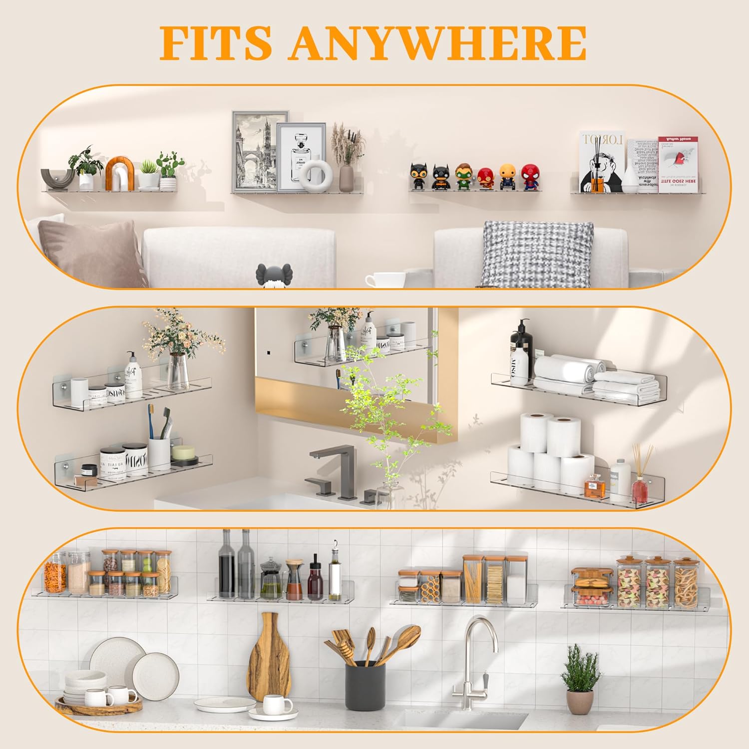 2 Pack Adhesive Floating Shelves for No Drilling Wall Storage