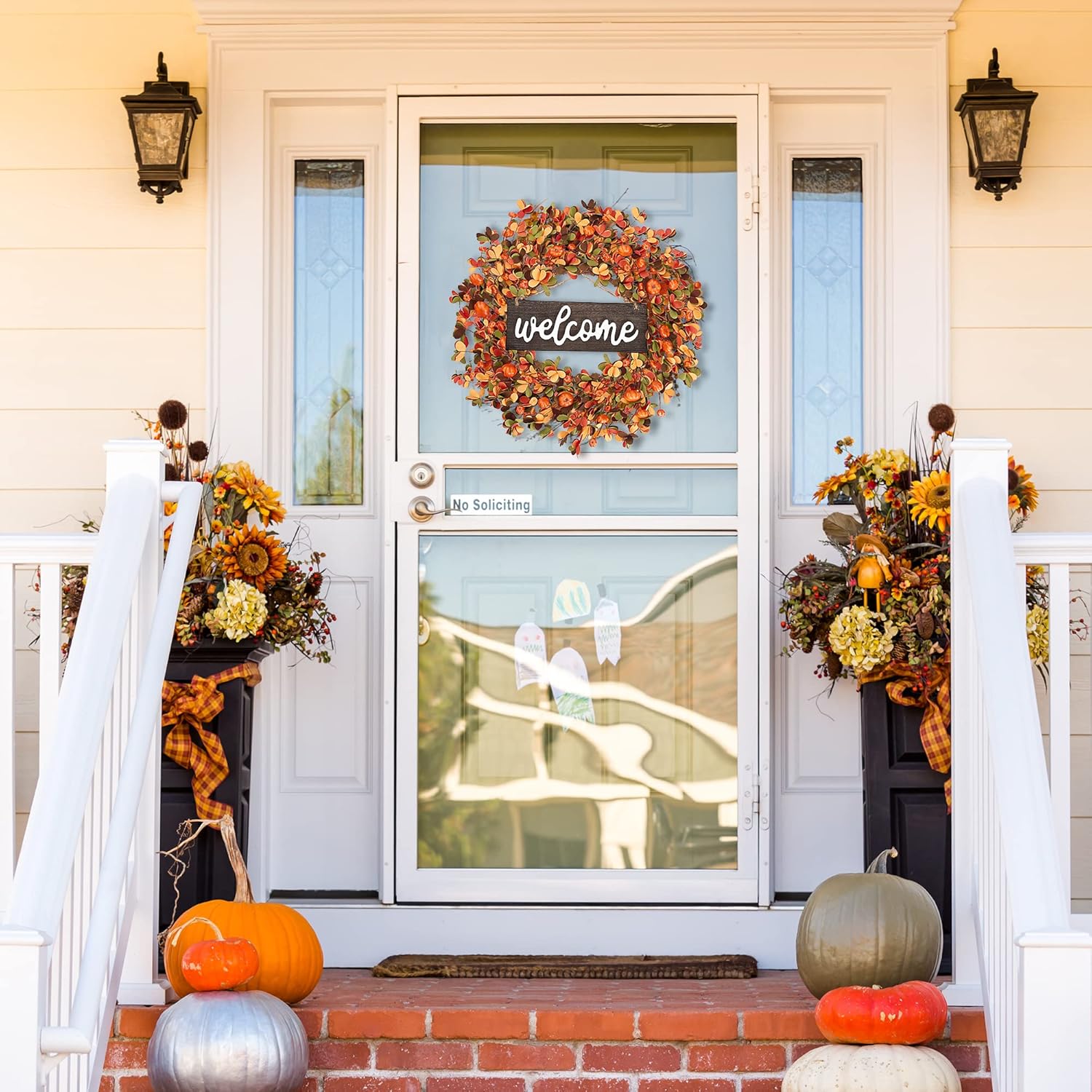 Sggvecsy 20 Inch Fall Wreath with Pumpkin and Leaves Orange