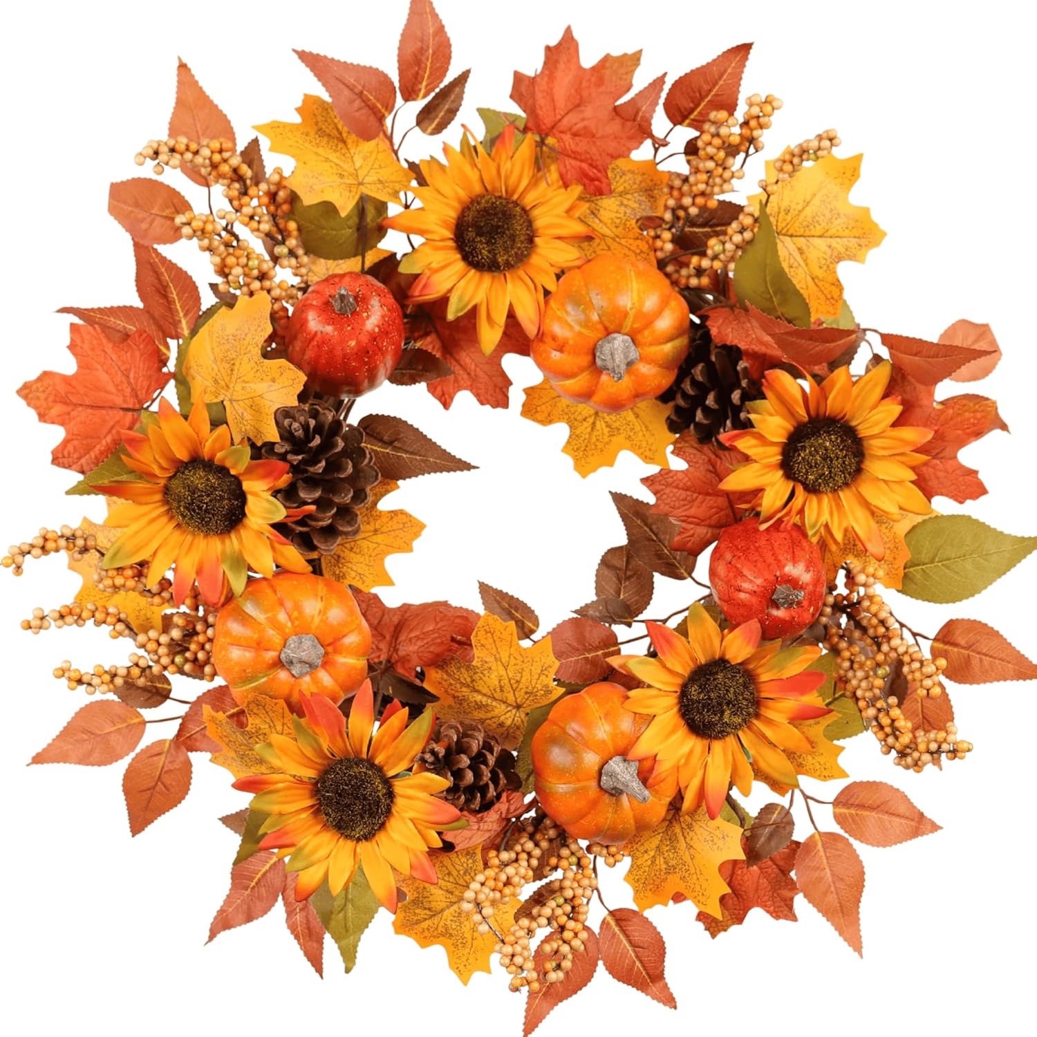 Pudate 22 Inch Fall Wreath with Sunflowers Pumpkins Pinecones Berries