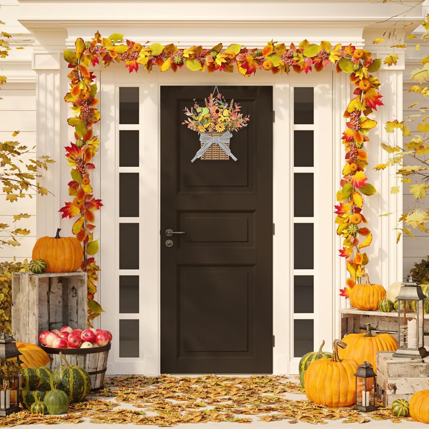 Orange Sunflower Fall Door Wreath with Leaves