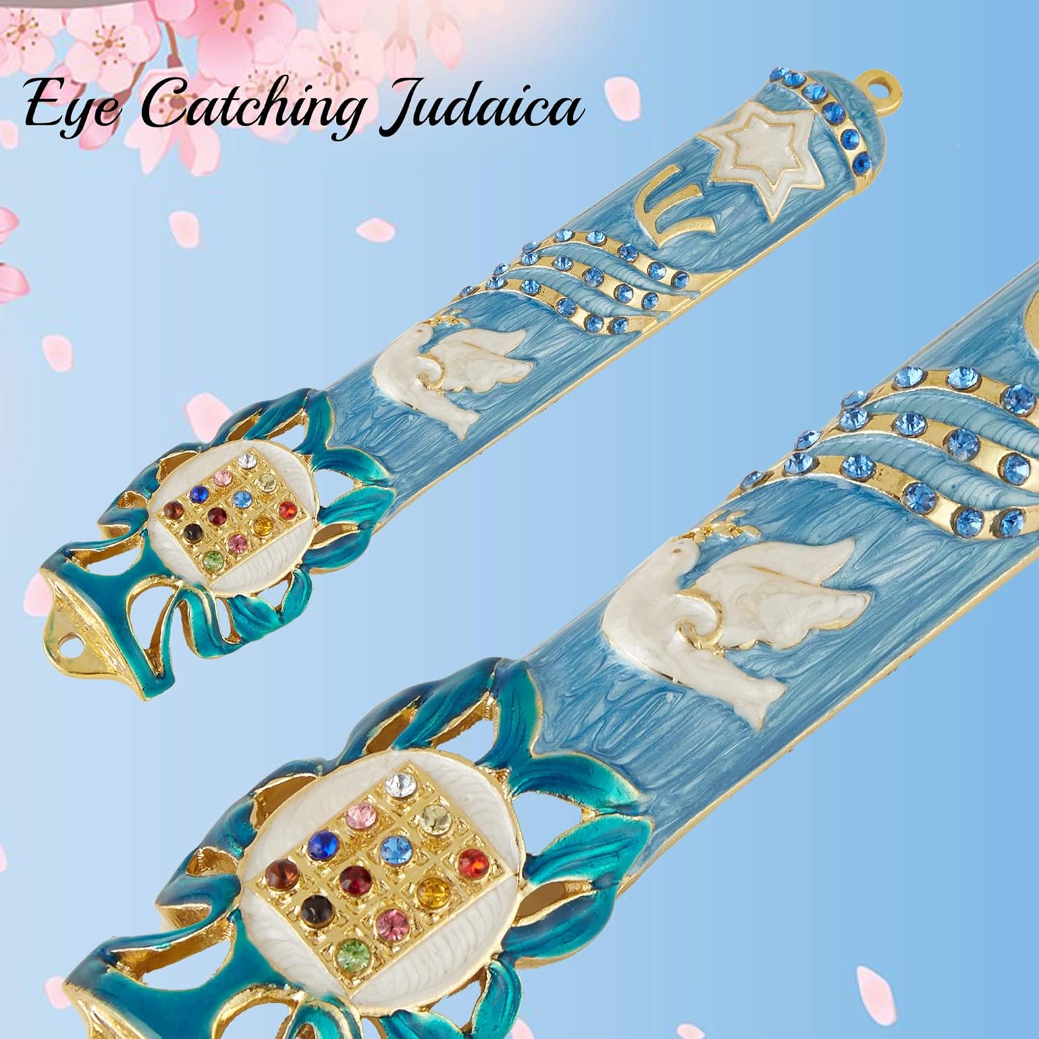 Matashi Blue Dove Mezuzah with Gold Accents and Crystals Door Decor