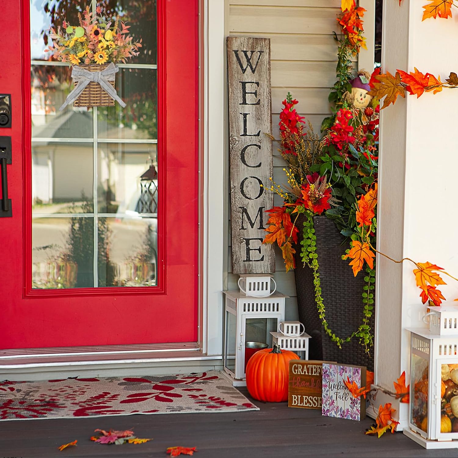 Orange Sunflower Fall Door Wreath with Leaves