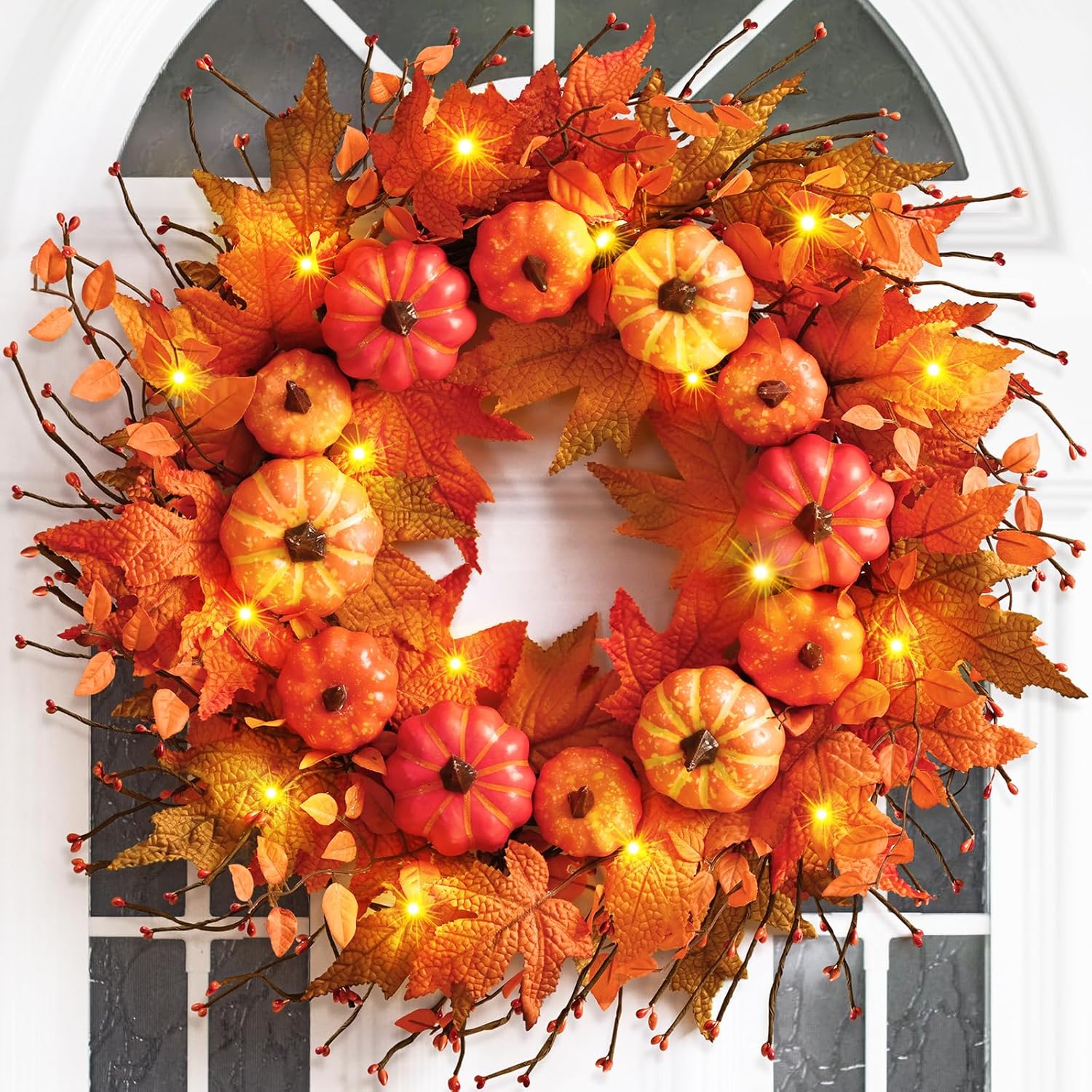 Fall Wreath for Front Door with Pumpkins Leaves 20 Inch Autumn Decor
