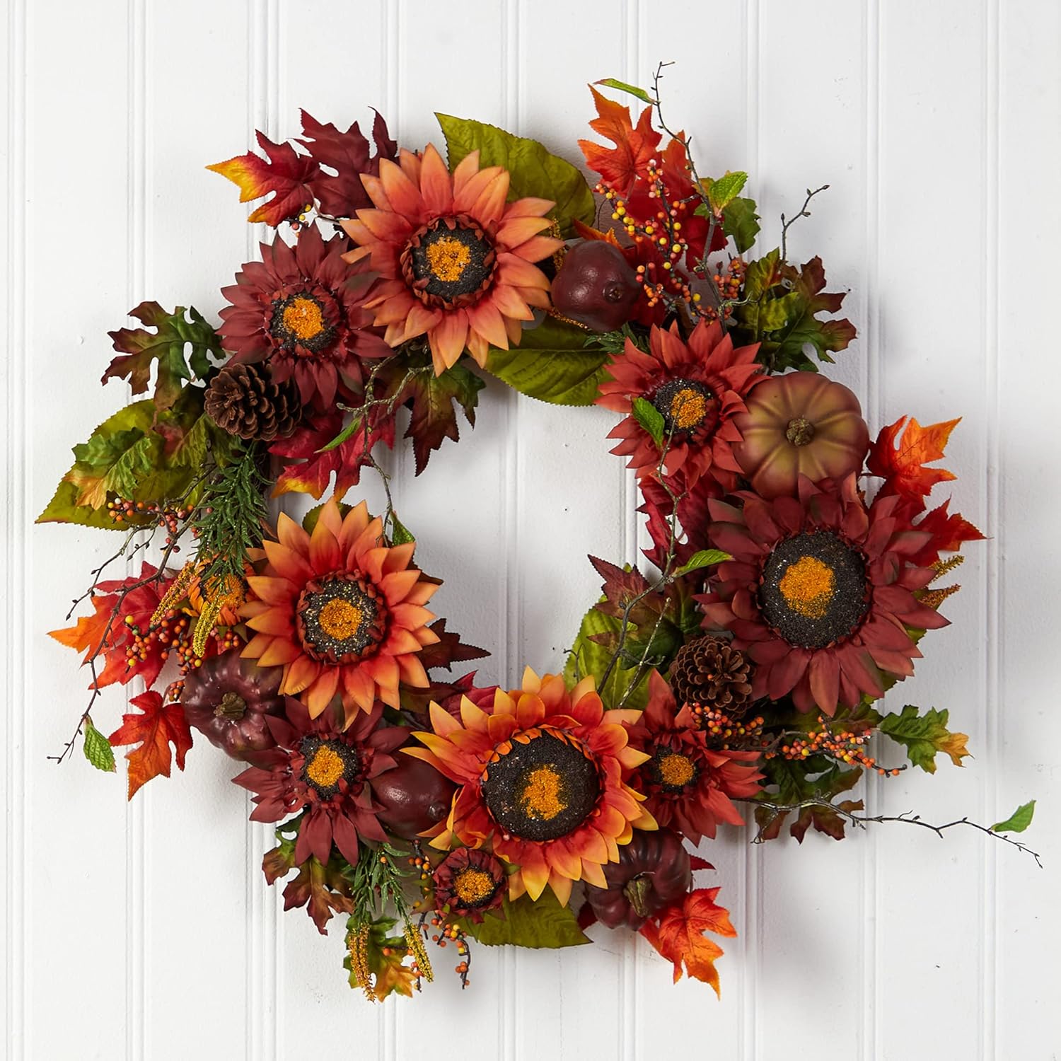 Nearly Natural 24in Autumn Fall Wreath with Sunflowers Pumpkins and Berries