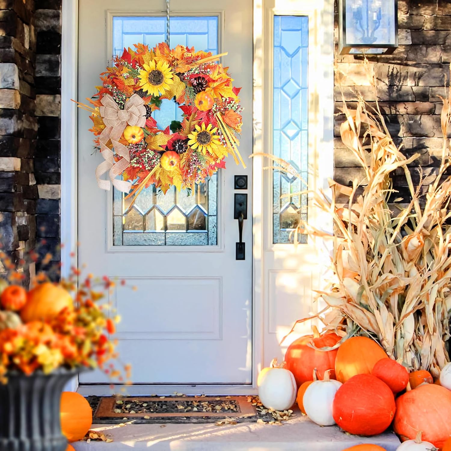 20 Inch Autumn Wreath with Pumpkins and Sunflowers