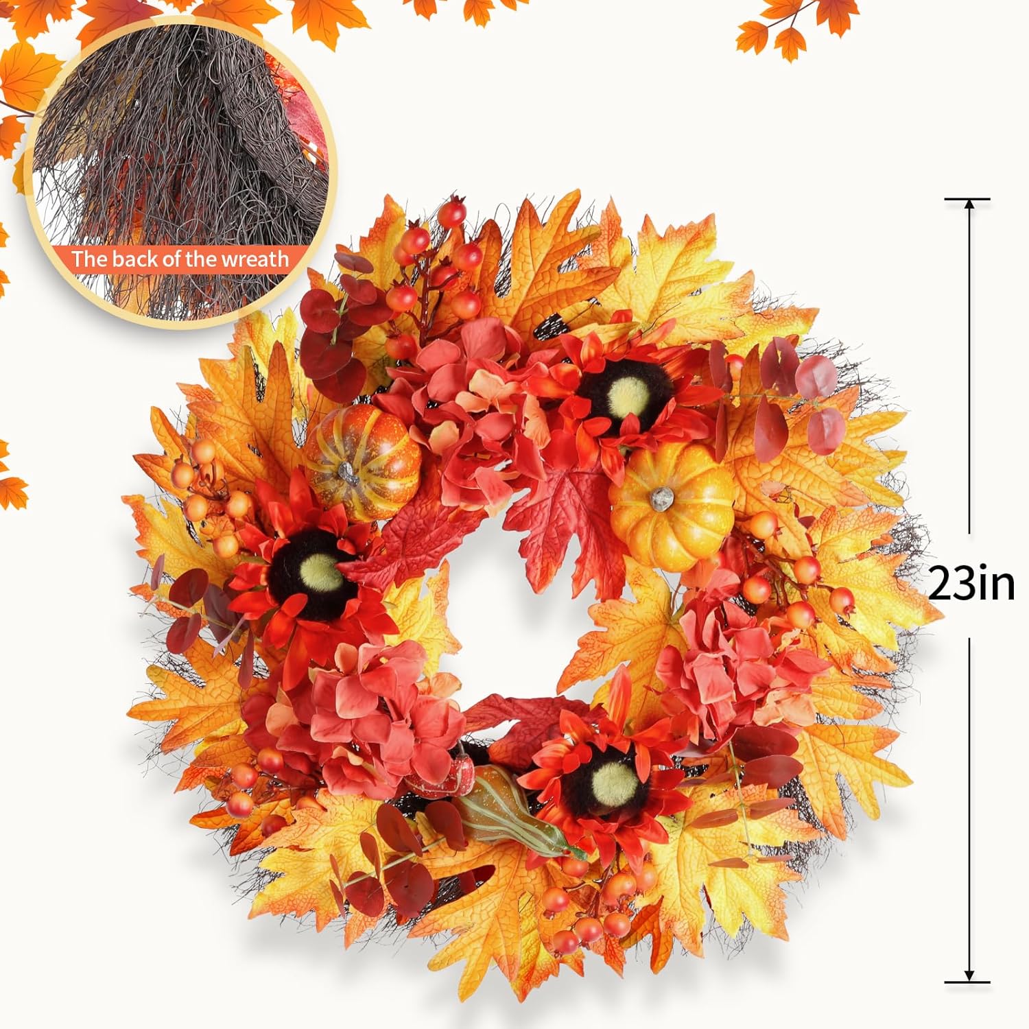 23 Inch Fall Wreath with Pumpkins Sunflowers Daisies and Maple Leaves