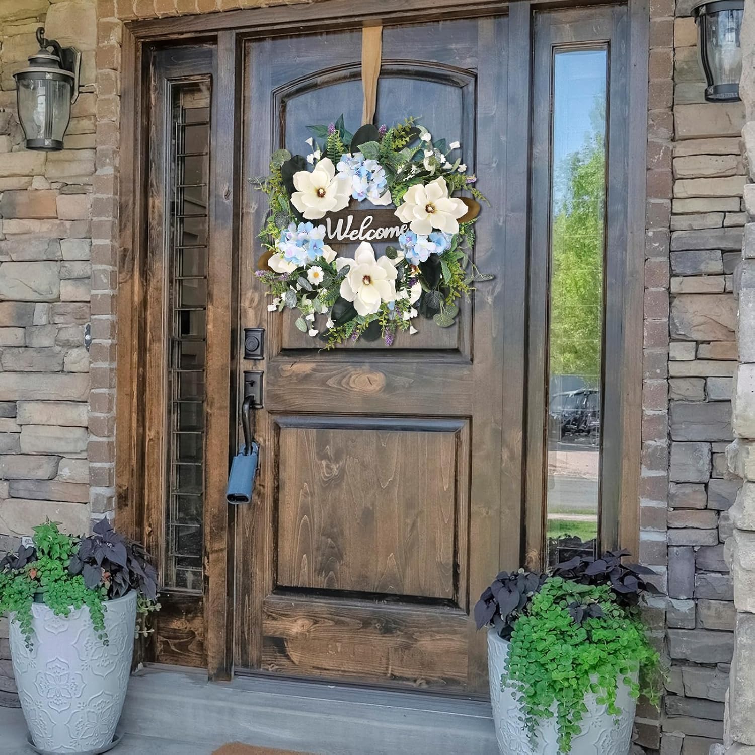 24 Inch Artificial White Magnolia Wreath for Front Door