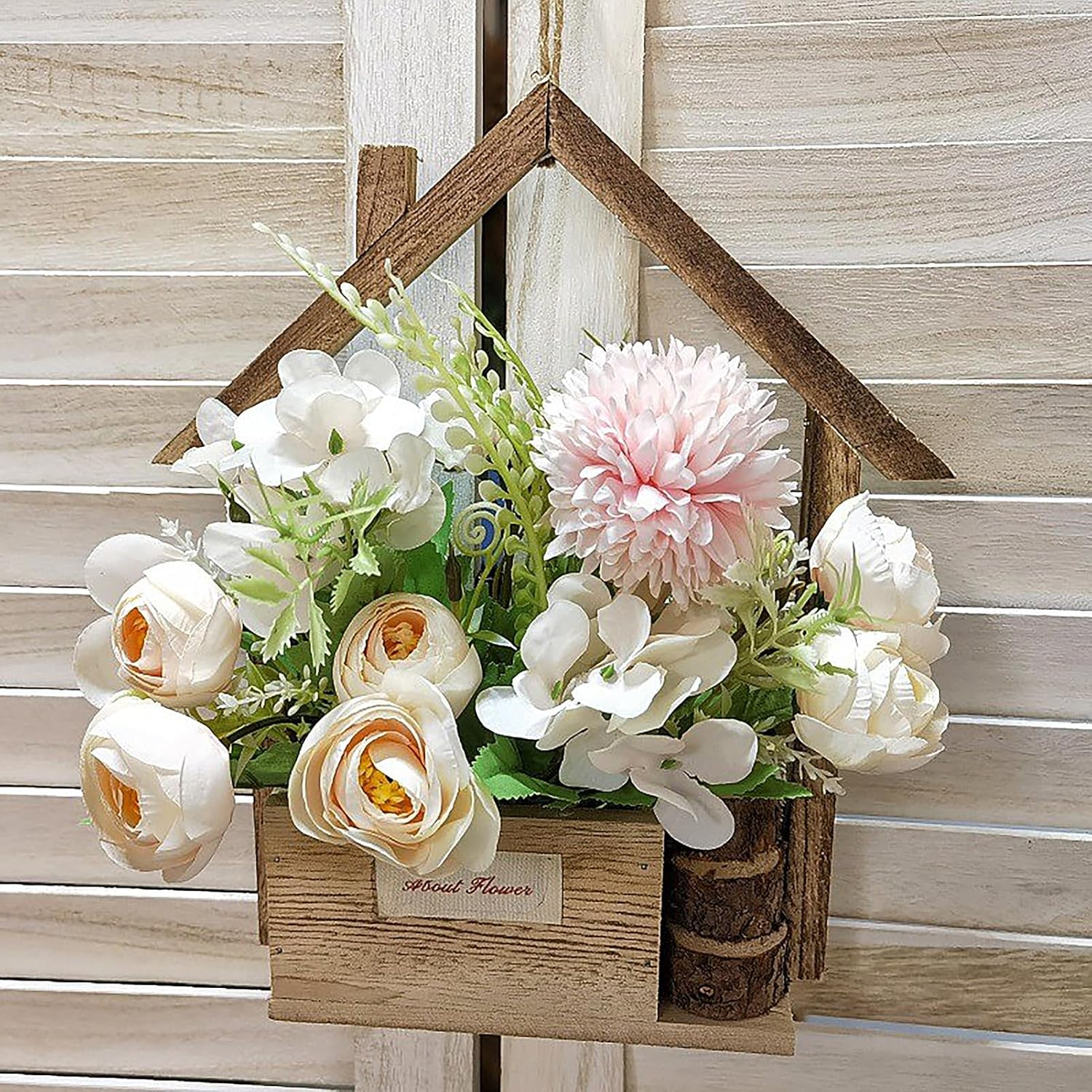 Wooden Door Wreath with Silk Flowers and Grass Rope
