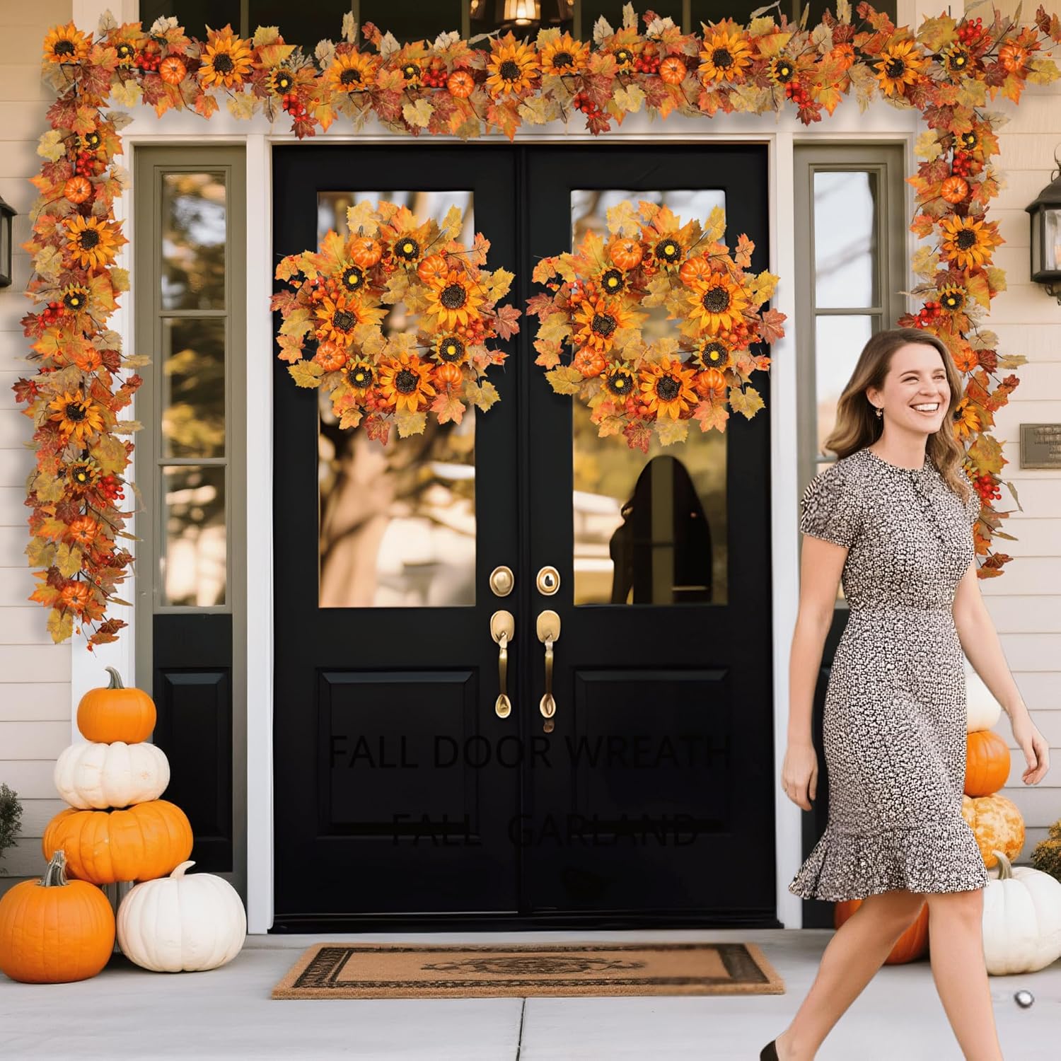 Zhemobang 22 Inch Fall Wreath with Sunflowers and Pumpkins