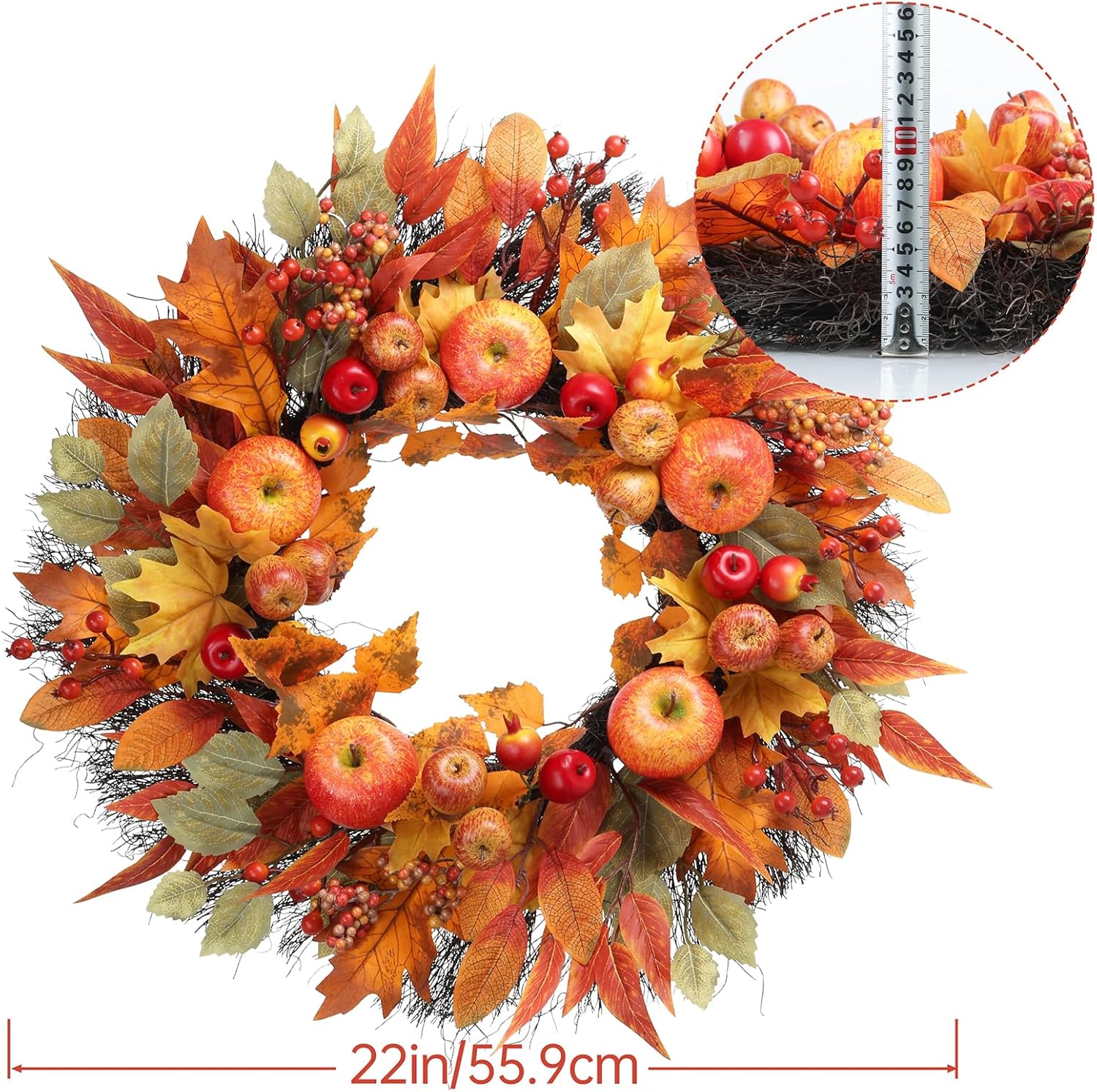 Fall Wreath for Front Door - 22 Inch Autumn Harvest Decor with Realistic Apples Berries Pomegranates and Maple Leaves