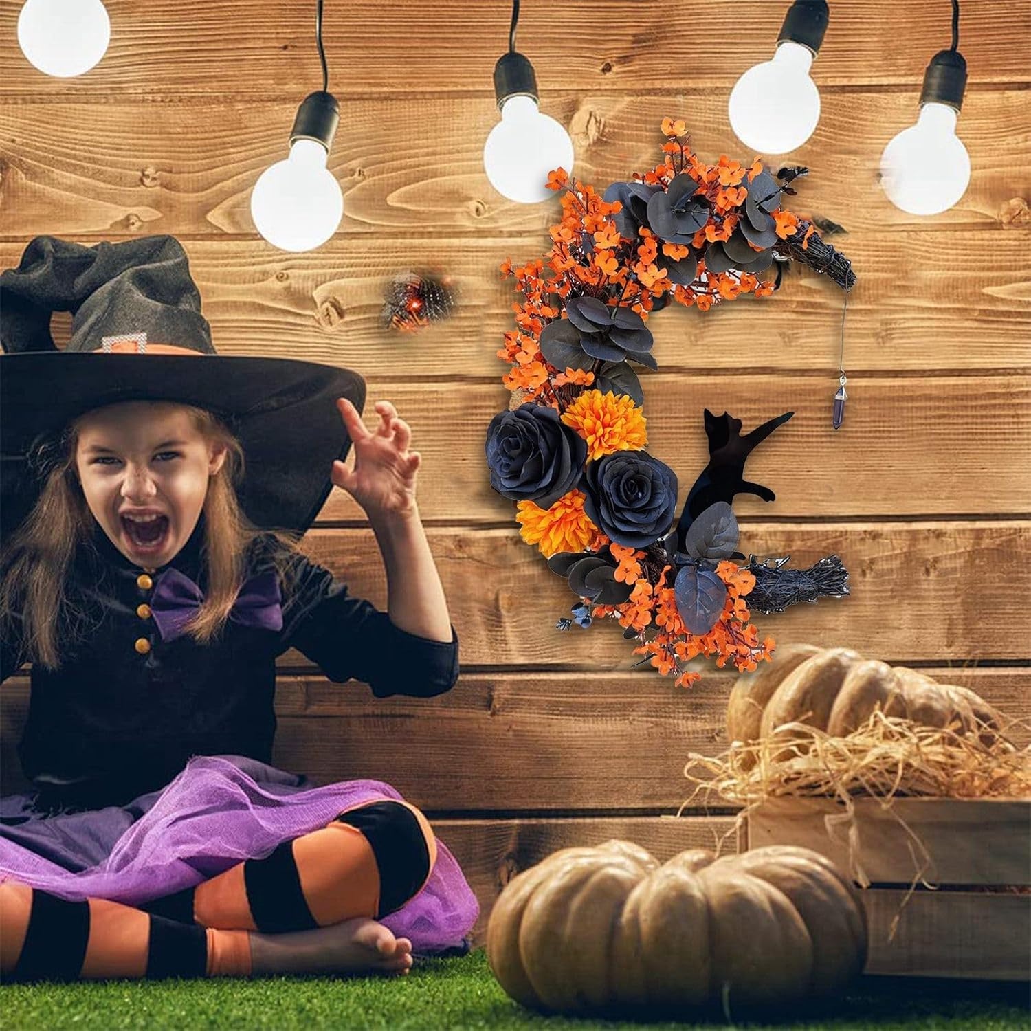 Elegant Halloween Cat Wreath for Front Doors