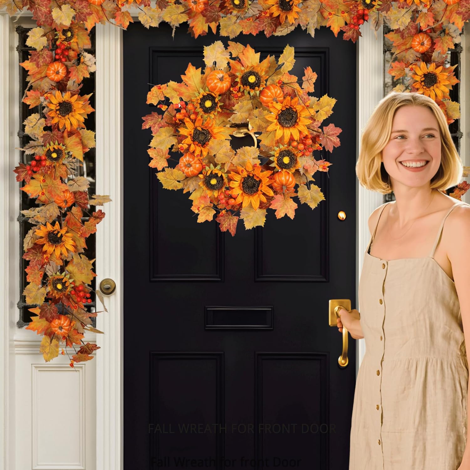 Zhemobang 22 Inch Fall Wreath with Sunflowers and Pumpkins
