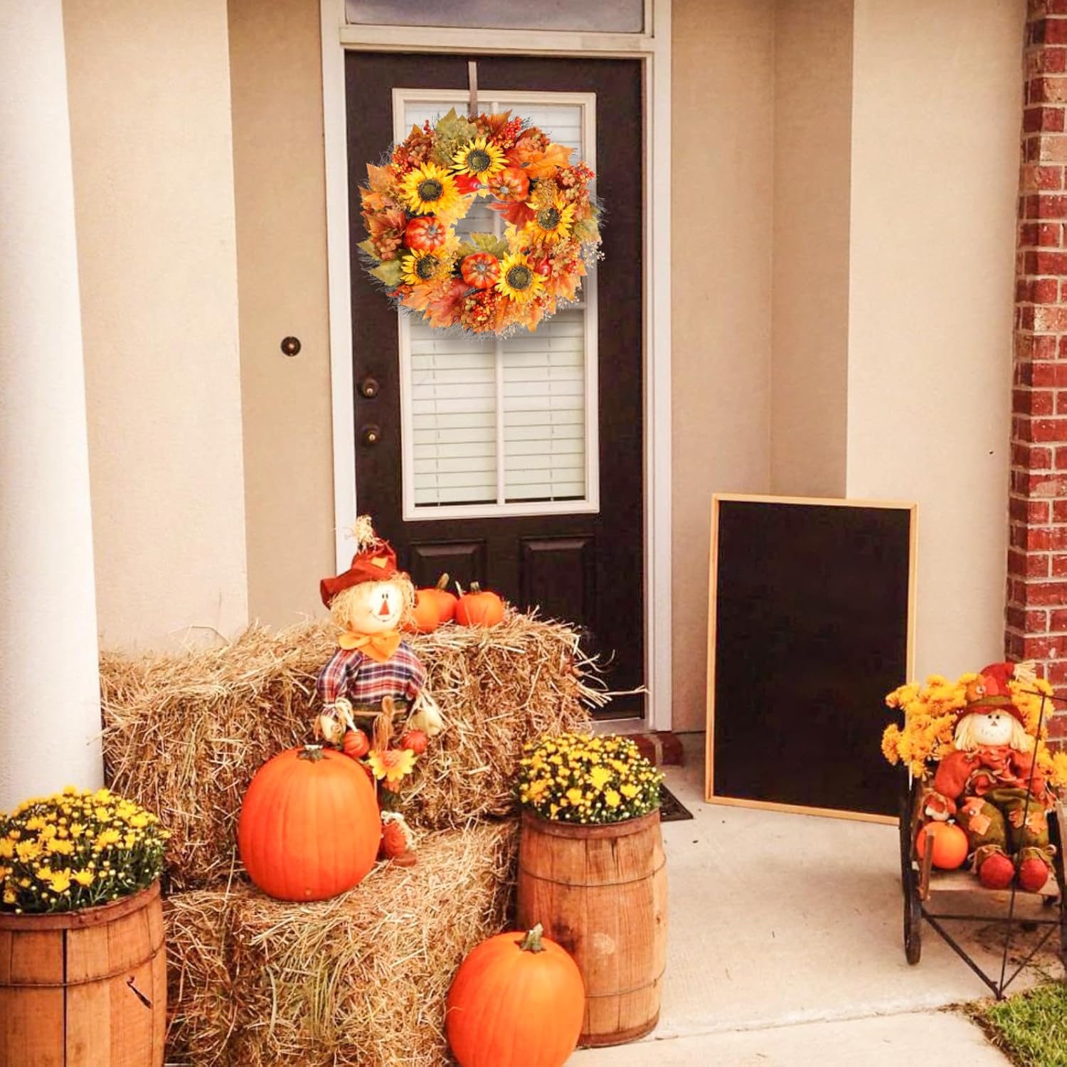 23 Inch Fall Wreath with Pumpkins Sunflowers Daisies and Maple Leaves
