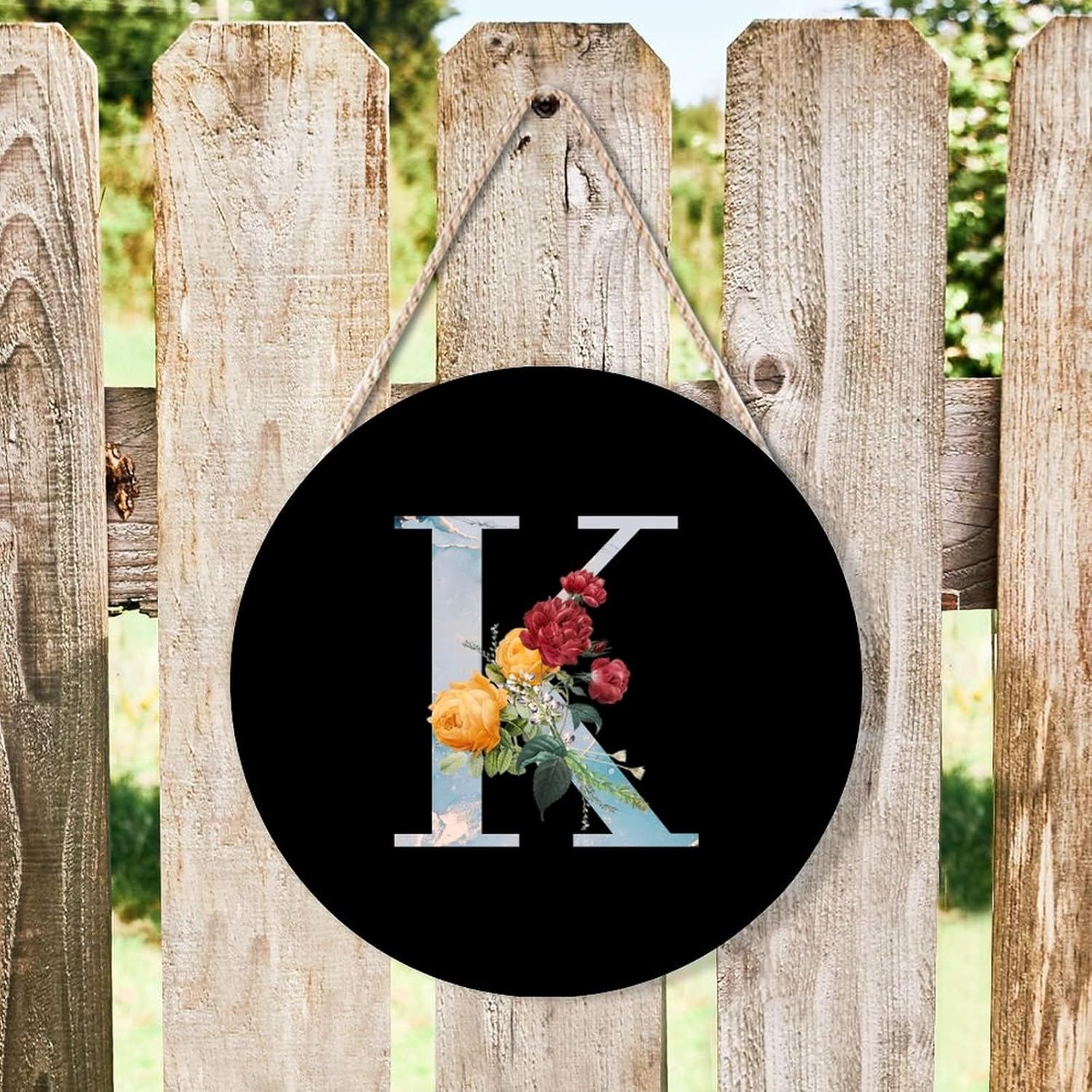 Farmhouse Front Door Hanger Flower Bouquet Custom Initial Letter K Wood Sign 10x10in