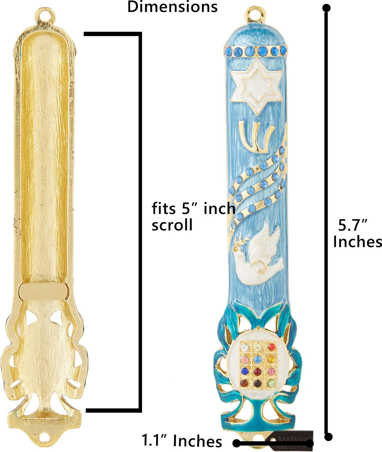 Matashi Blue Dove Mezuzah with Gold Accents and Crystals Door Decor