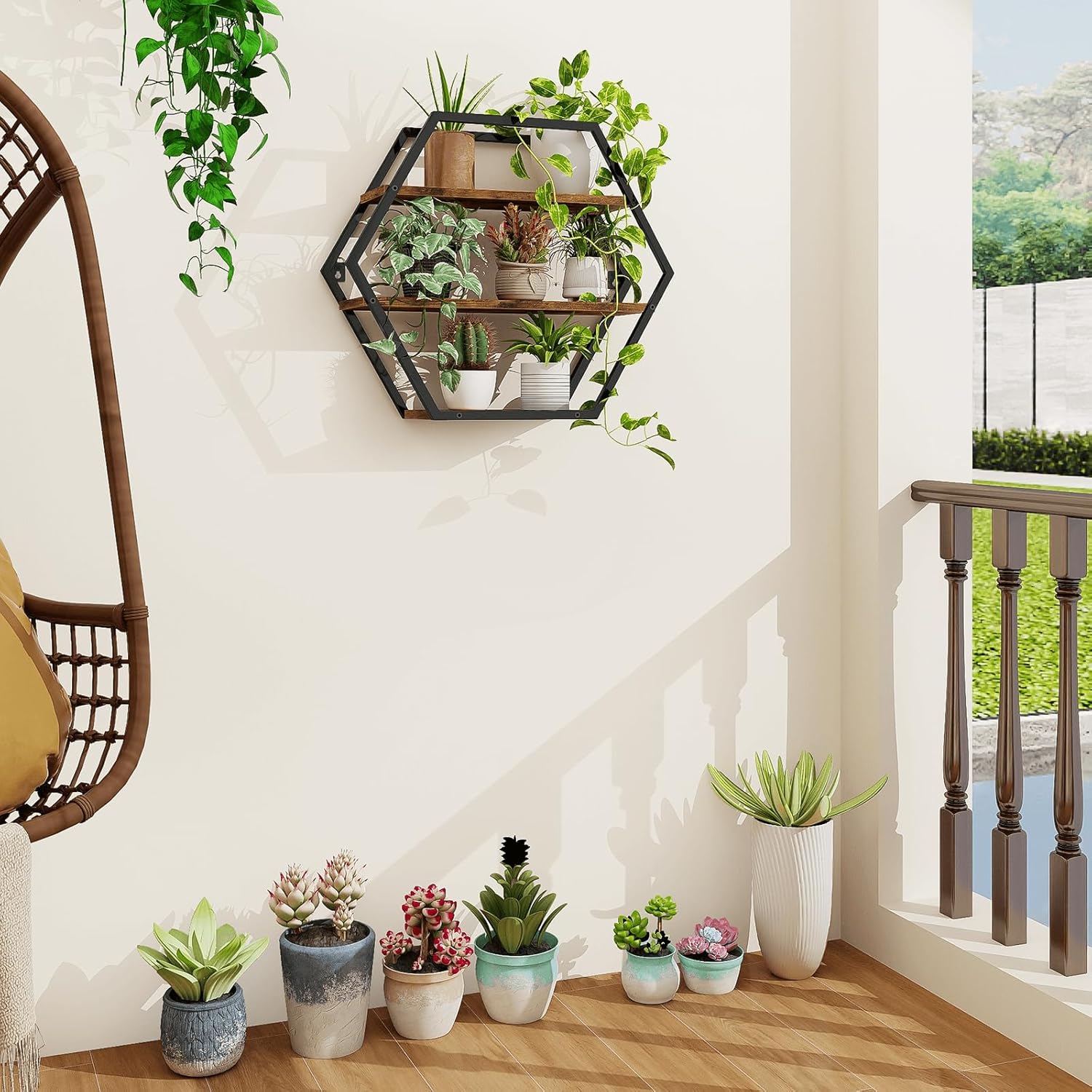 Hexagon Floating Shelves Decorative Wall Shelf Rustic Brown Black