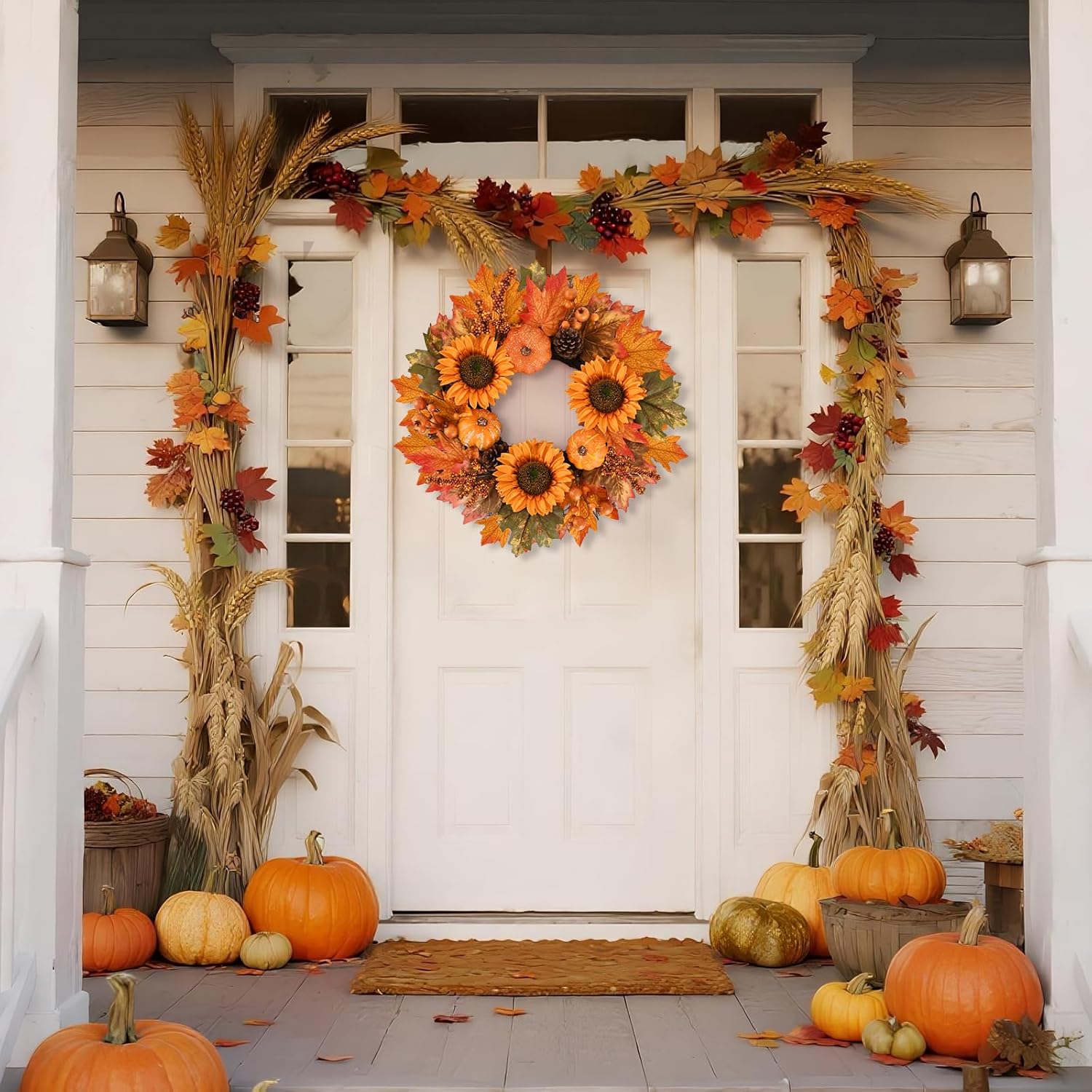 Fall Wreath Front Door 19 Inch Autumn Decor